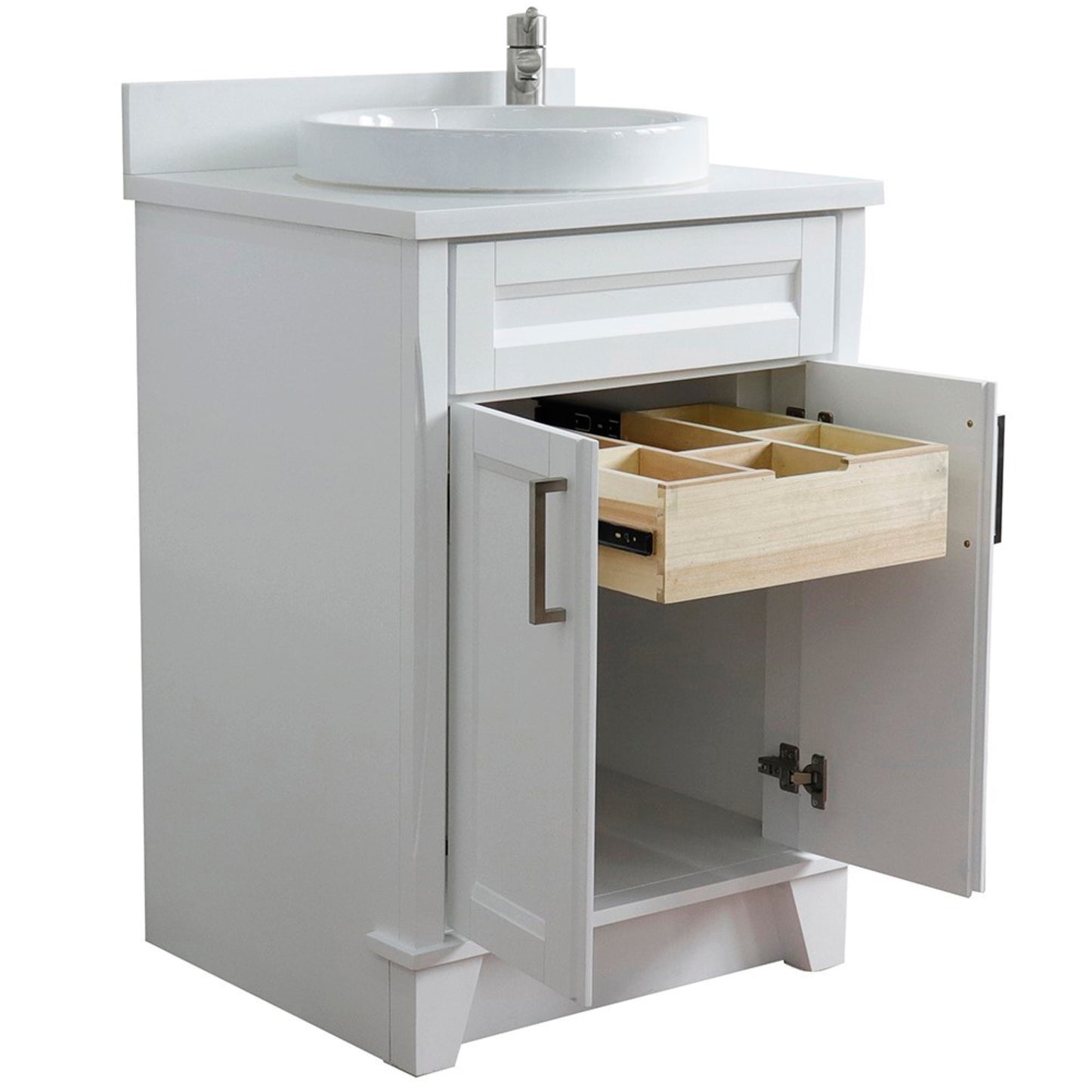 25" Single sink vanity in White finish with White engineered stone and round sink
