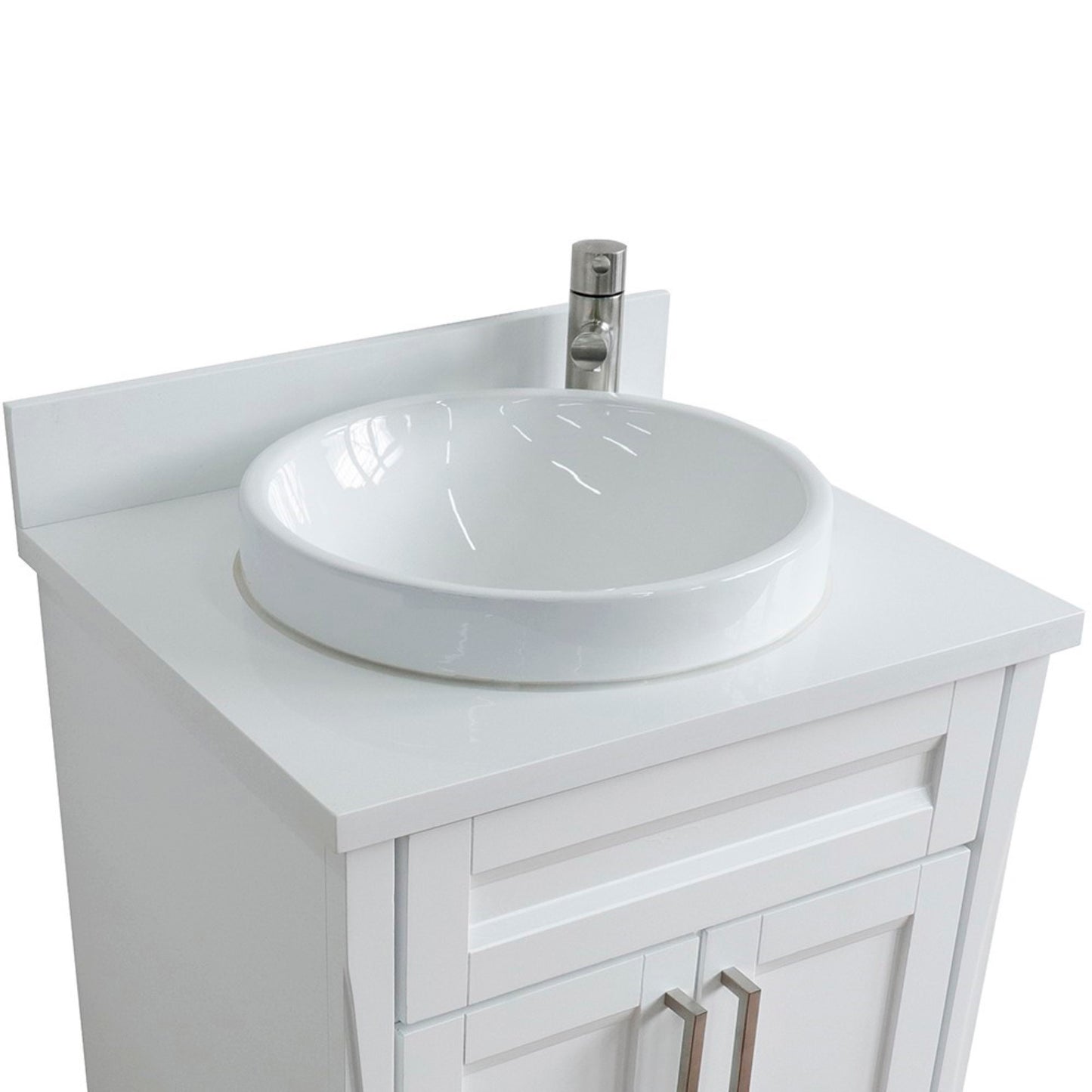 25" Single sink vanity in White finish with White engineered stone and round sink