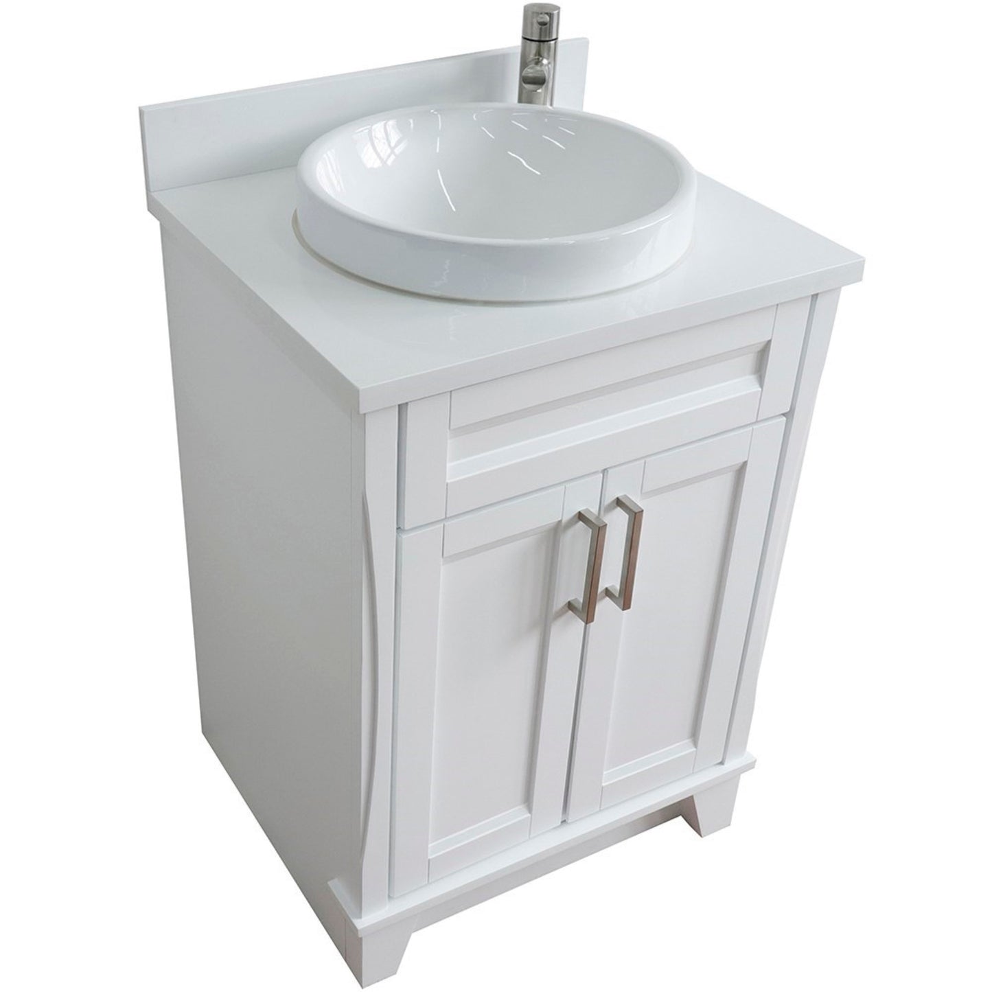 25" Single sink vanity in White finish with White engineered stone and round sink