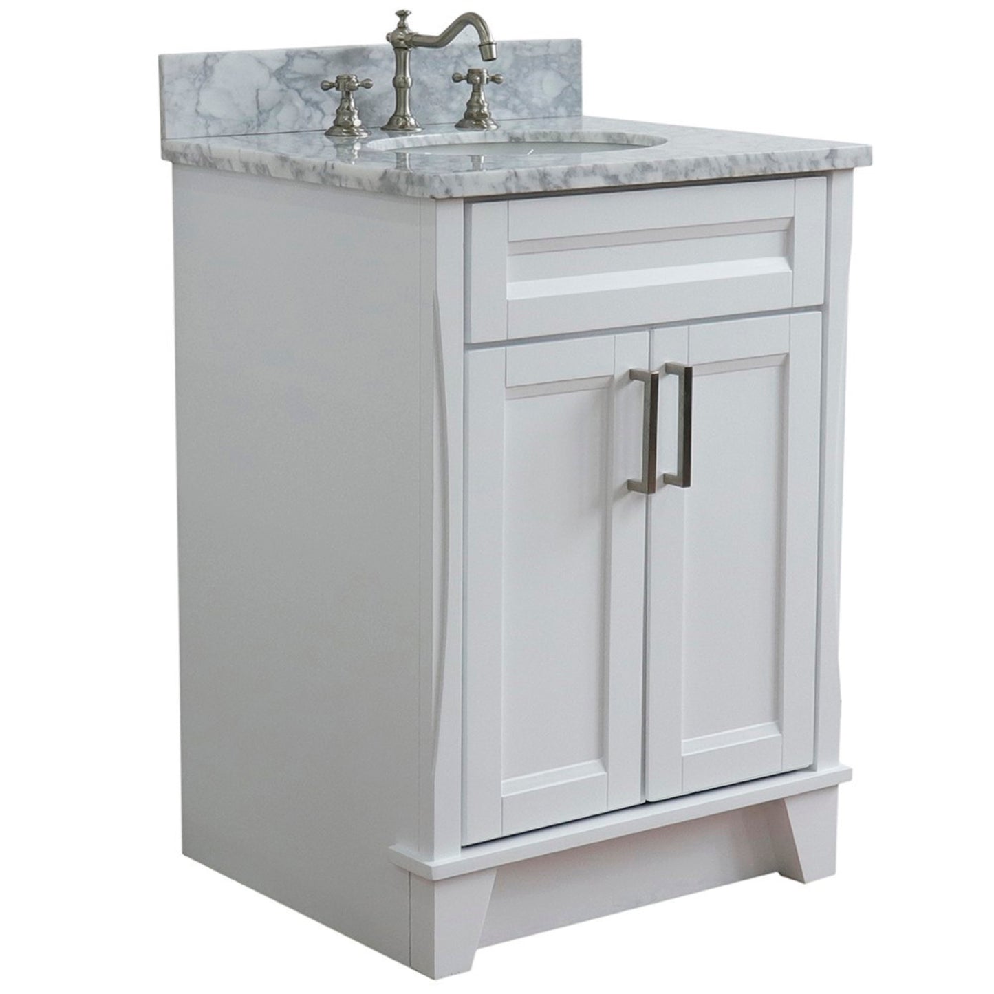 25" Single sink vanity in White finish with White Carrara marble and oval sink