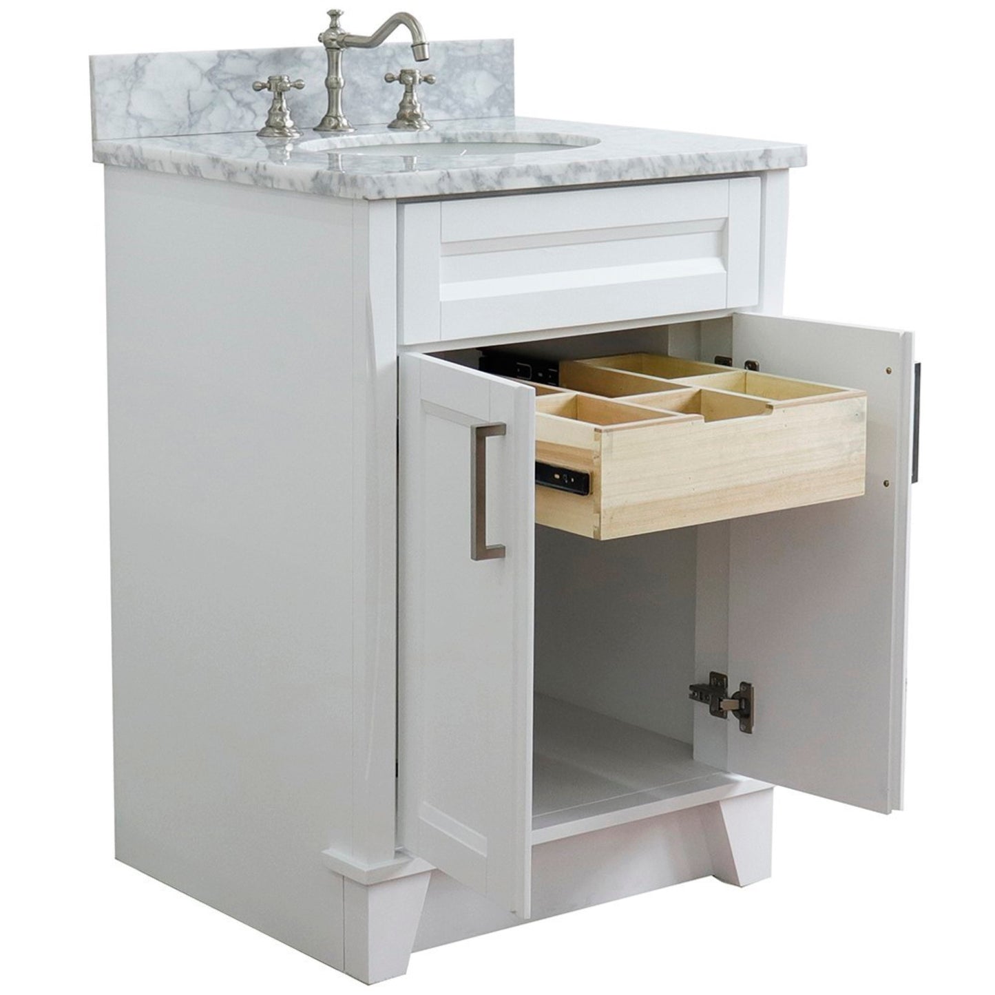 25" Single sink vanity in White finish with White Carrara marble and oval sink