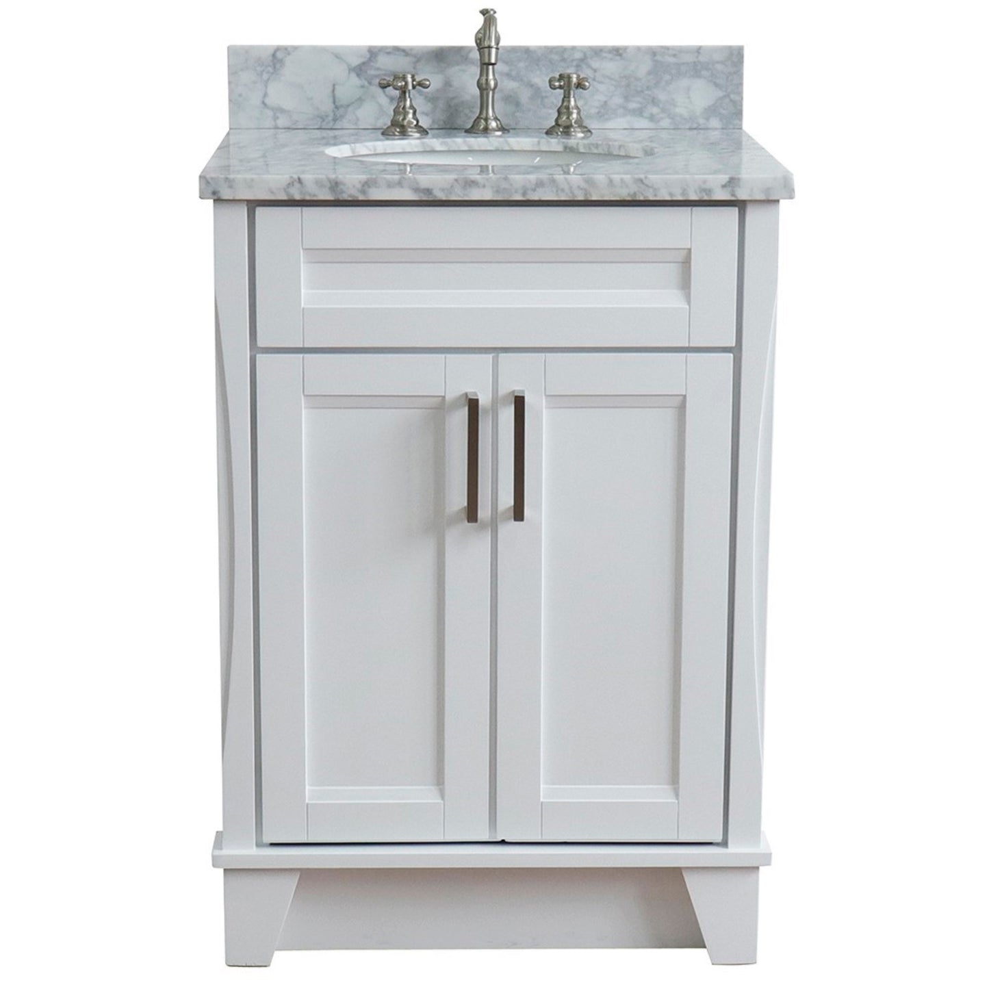 25" Single sink vanity in White finish with White Carrara marble and oval sink