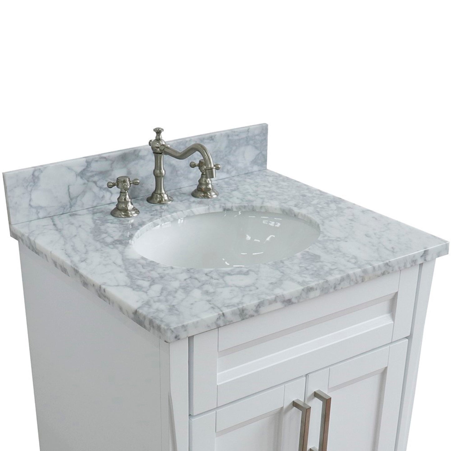 25" Single sink vanity in White finish with White Carrara marble and oval sink