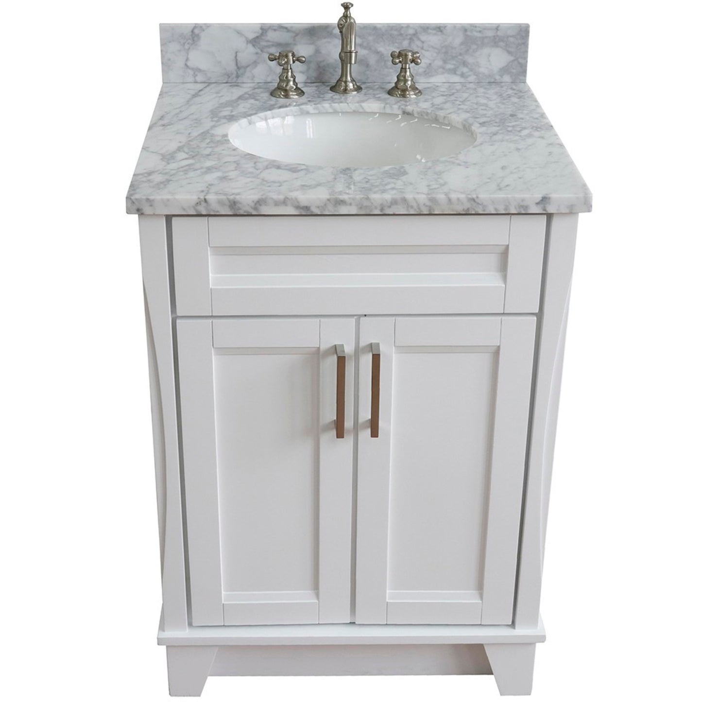 25" Single sink vanity in White finish with White Carrara marble and oval sink