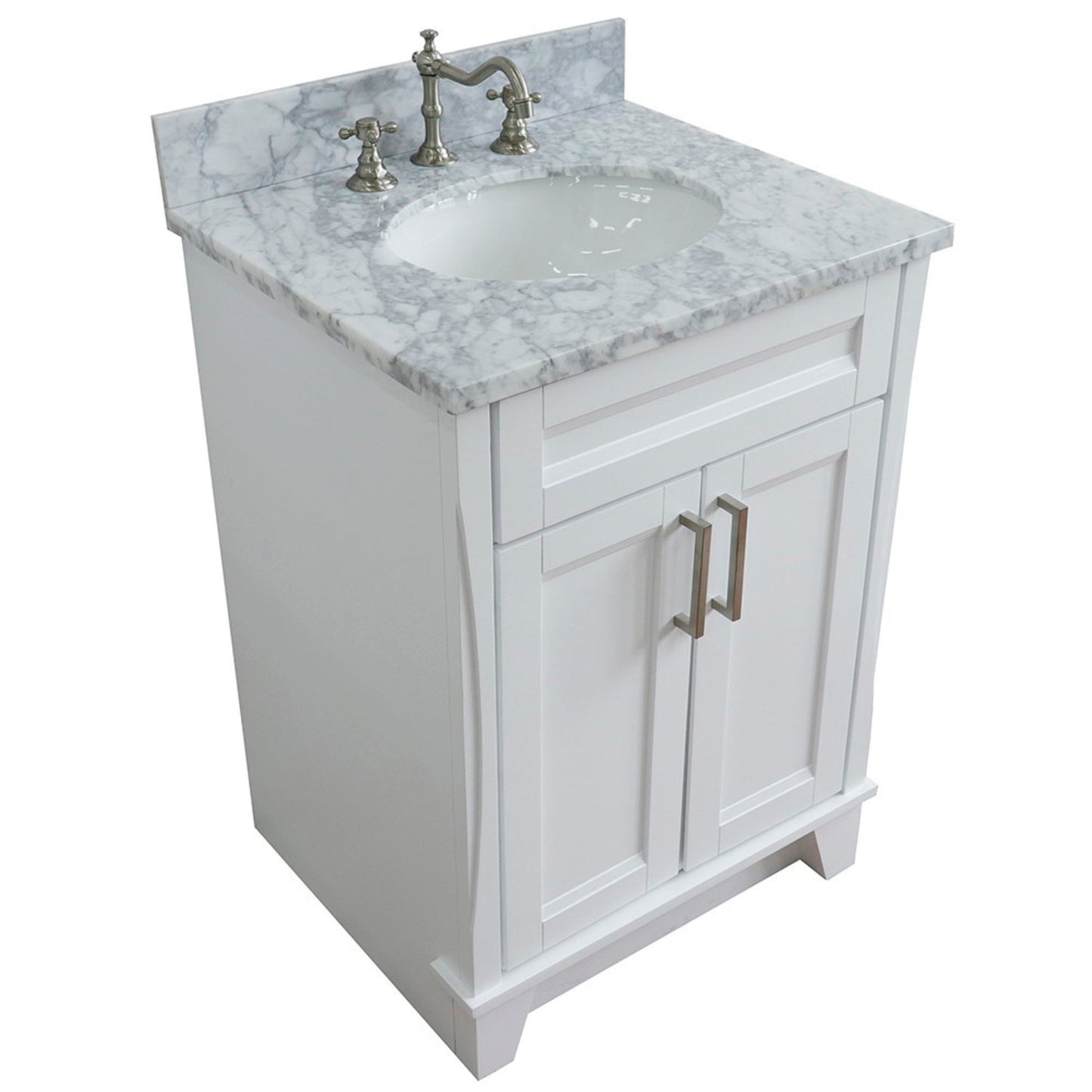 25" Single sink vanity in White finish with White Carrara marble and oval sink