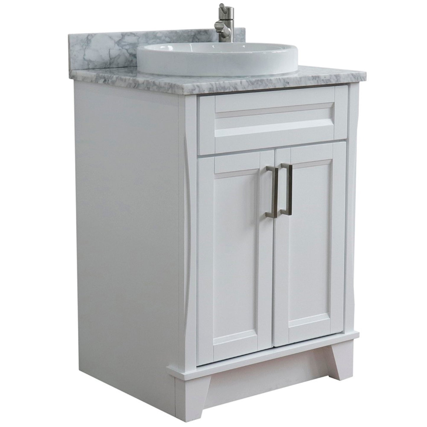 25" Single sink vanity in White finish with White Carrara marble and round sink