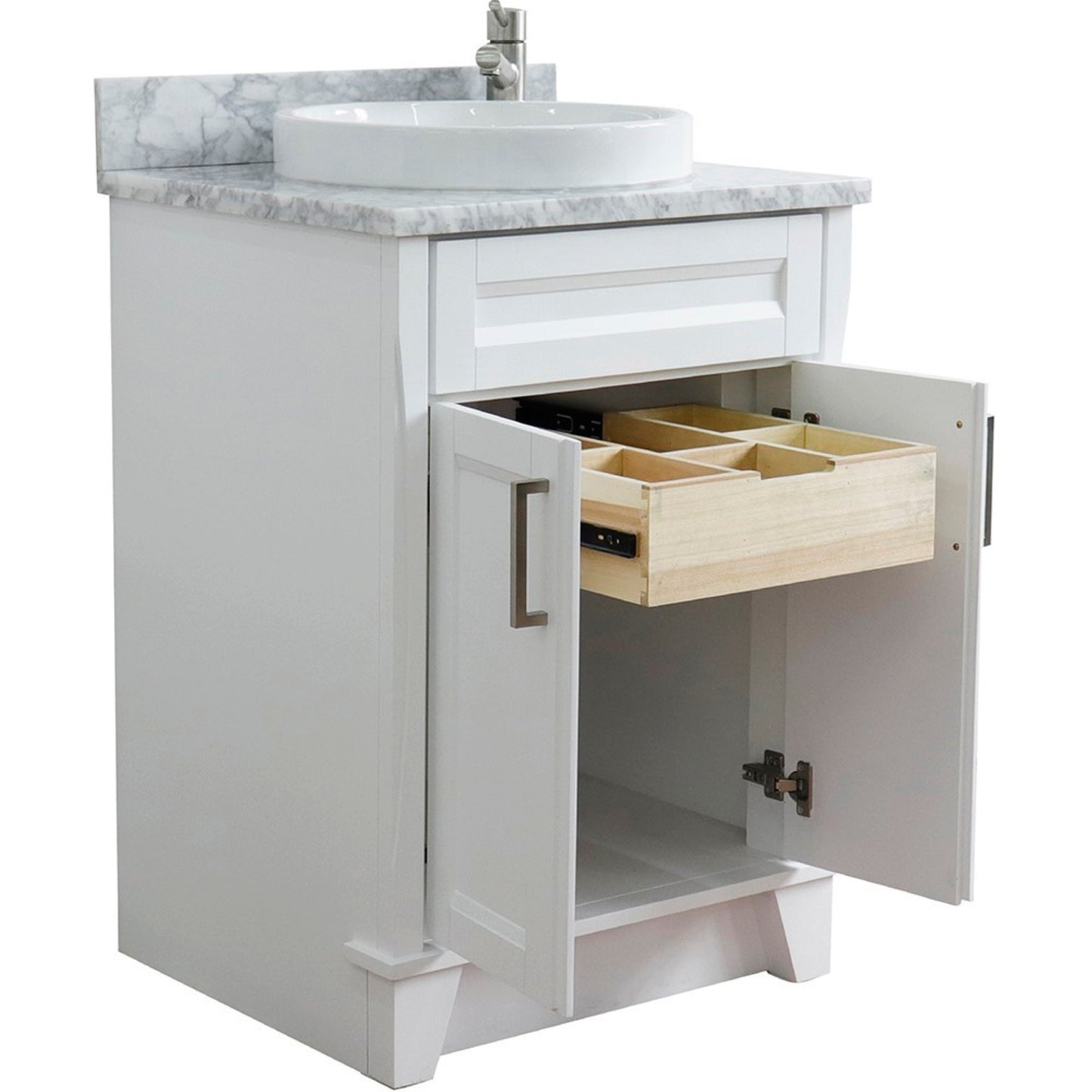 25" Single sink vanity in White finish with White Carrara marble and round sink