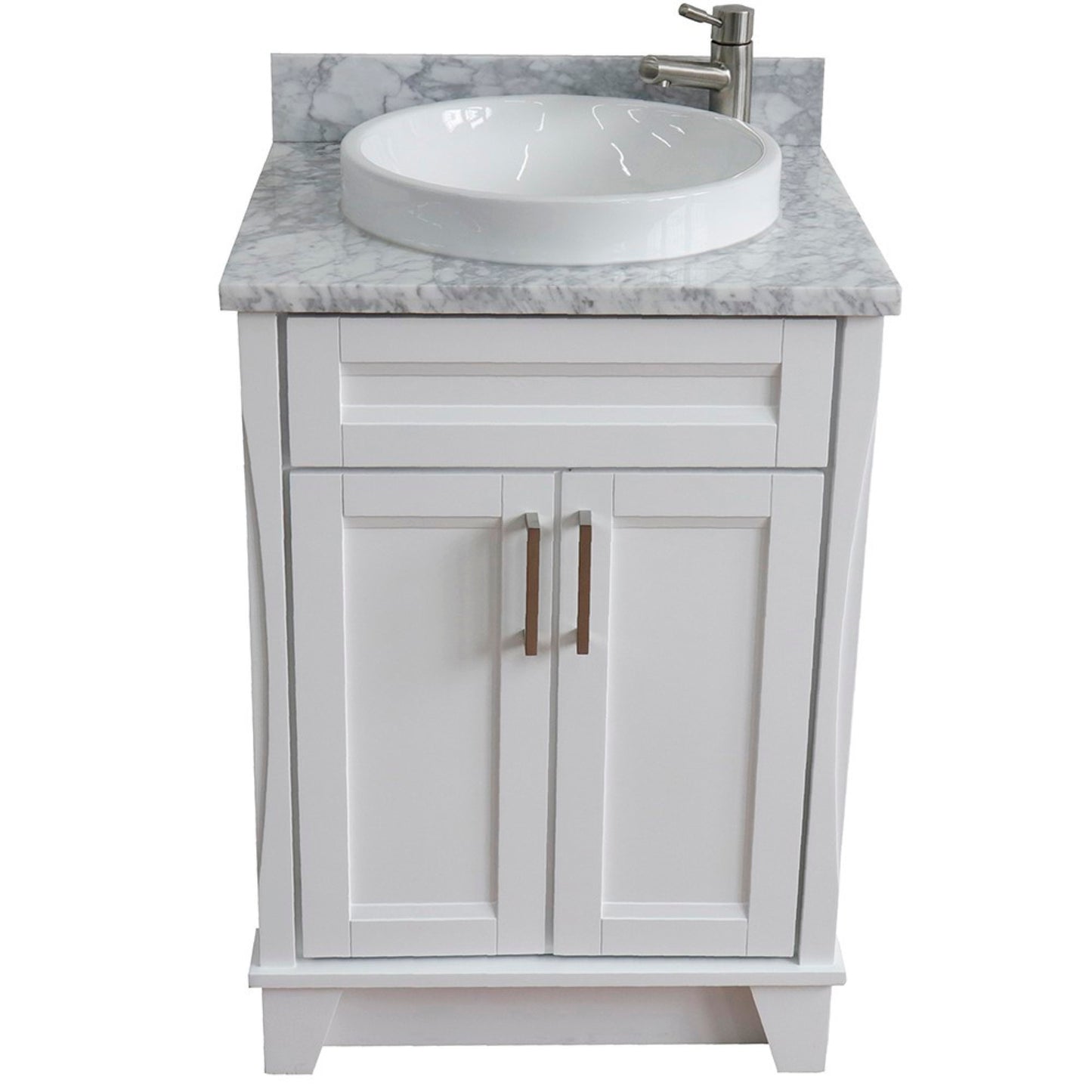 25" Single sink vanity in White finish with White Carrara marble and round sink