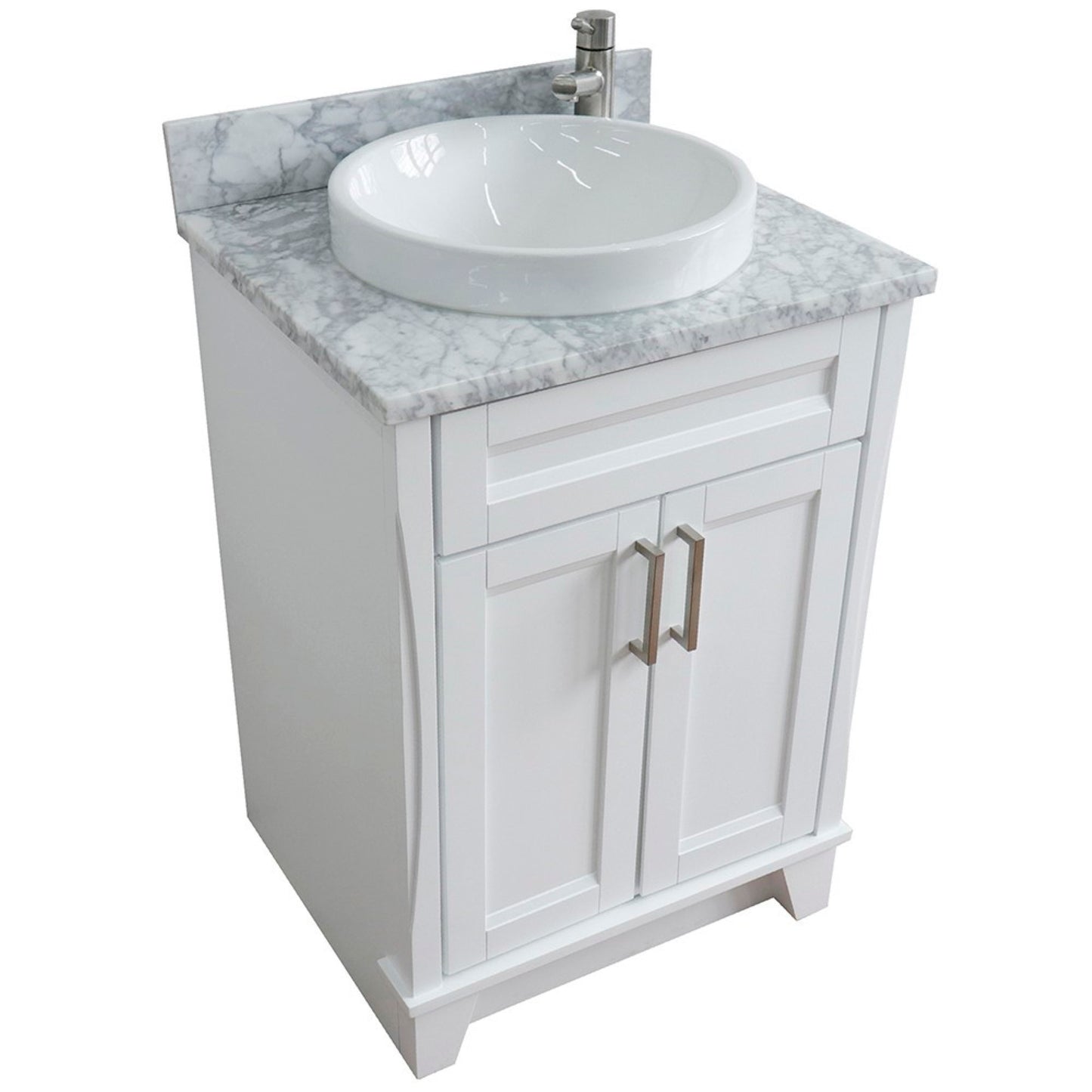 25" Single sink vanity in White finish with White Carrara marble and round sink