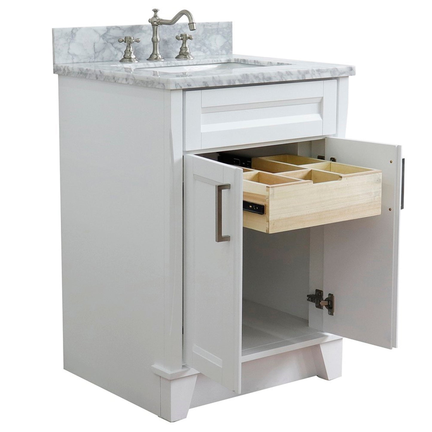 25" Single sink vanity in White finish with White Carrara marble and rectangle sink
