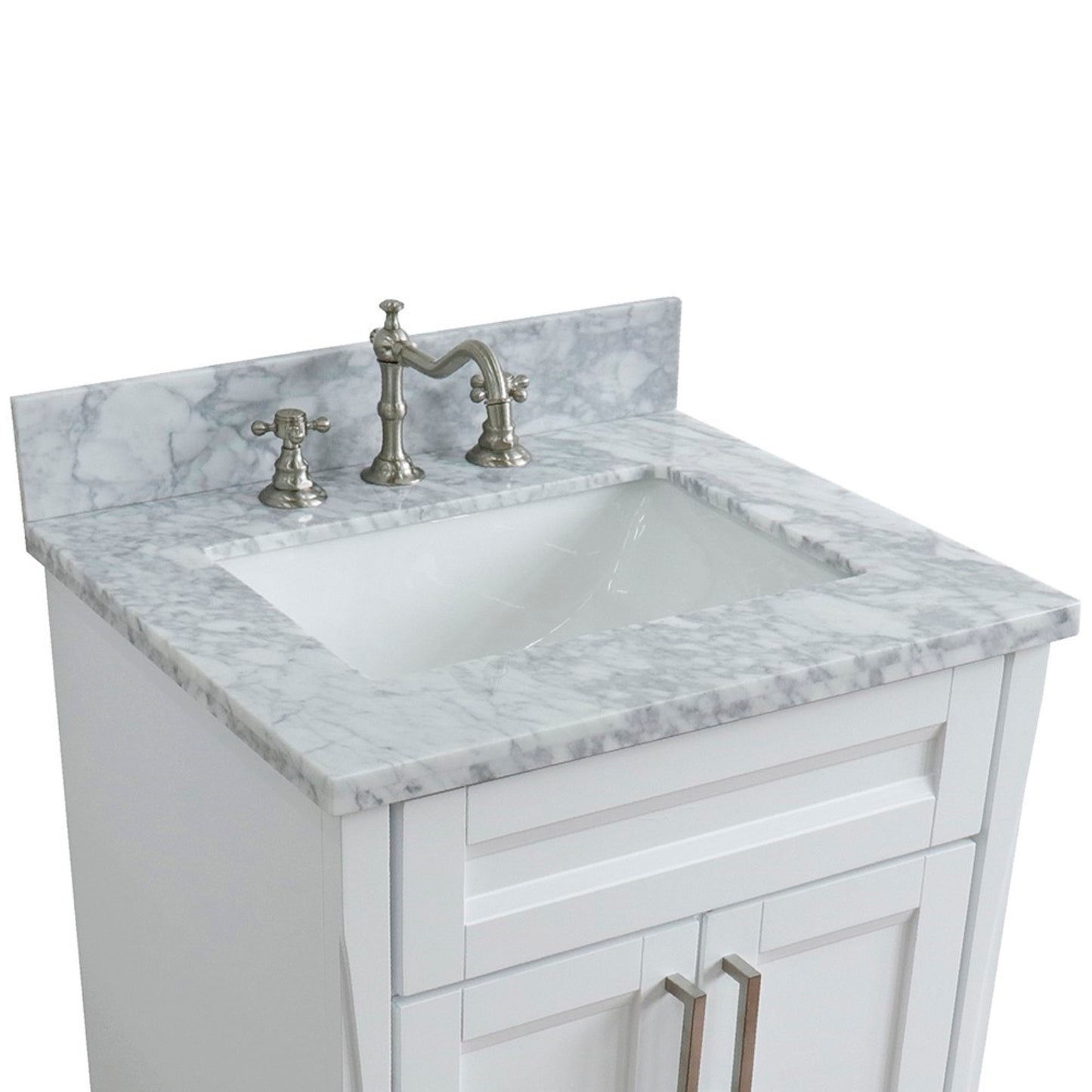 25" Single sink vanity in White finish with White Carrara marble and rectangle sink