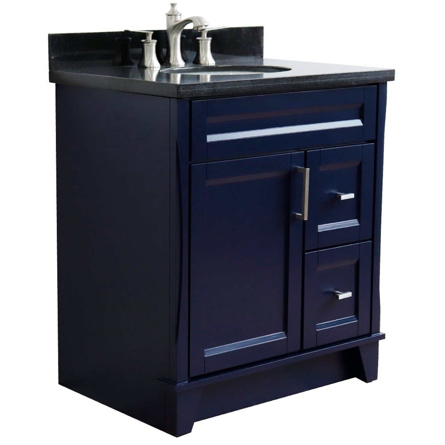 31" Single sink vanity in Blue finish with Black galaxy granite with oval sink