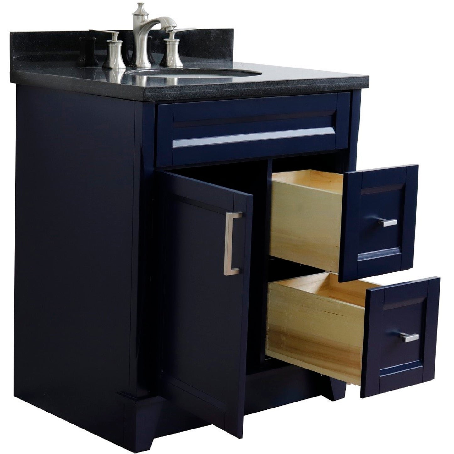 31" Single sink vanity in Blue finish with Black galaxy granite with oval sink