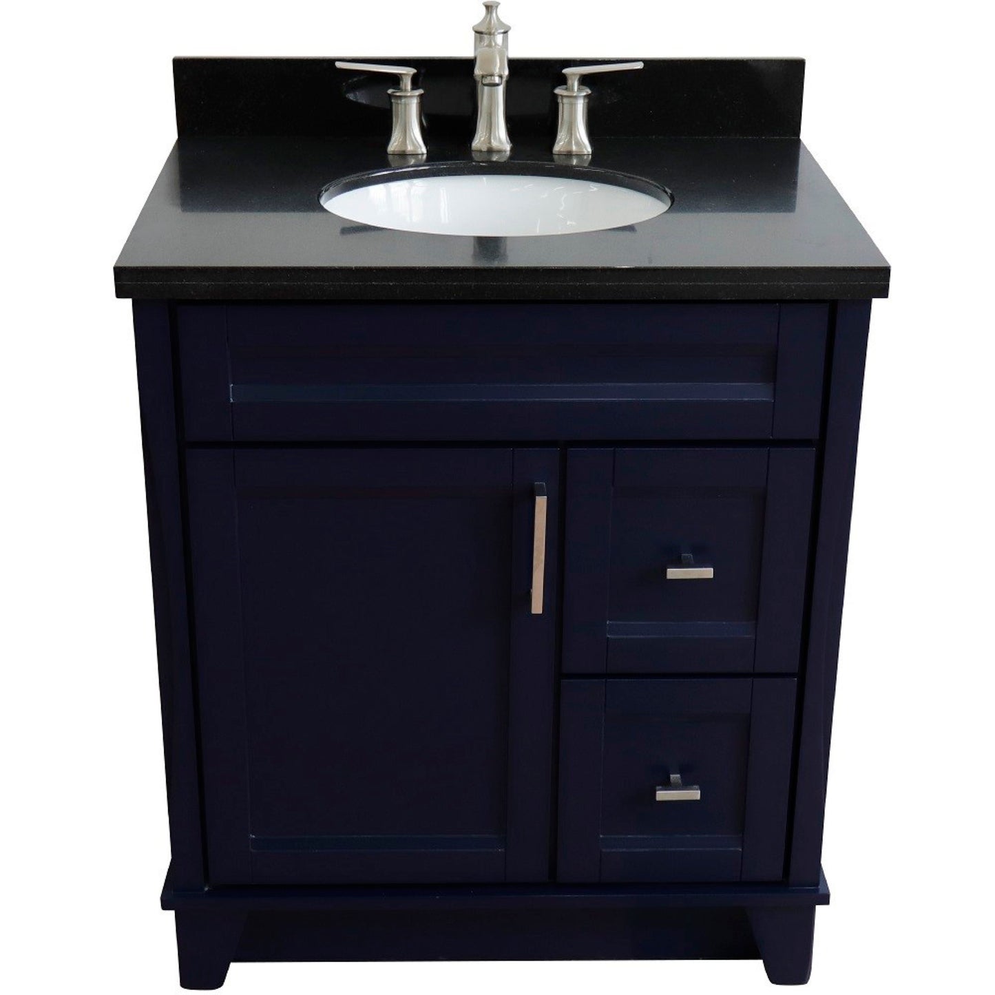 31" Single sink vanity in Blue finish with Black galaxy granite with oval sink