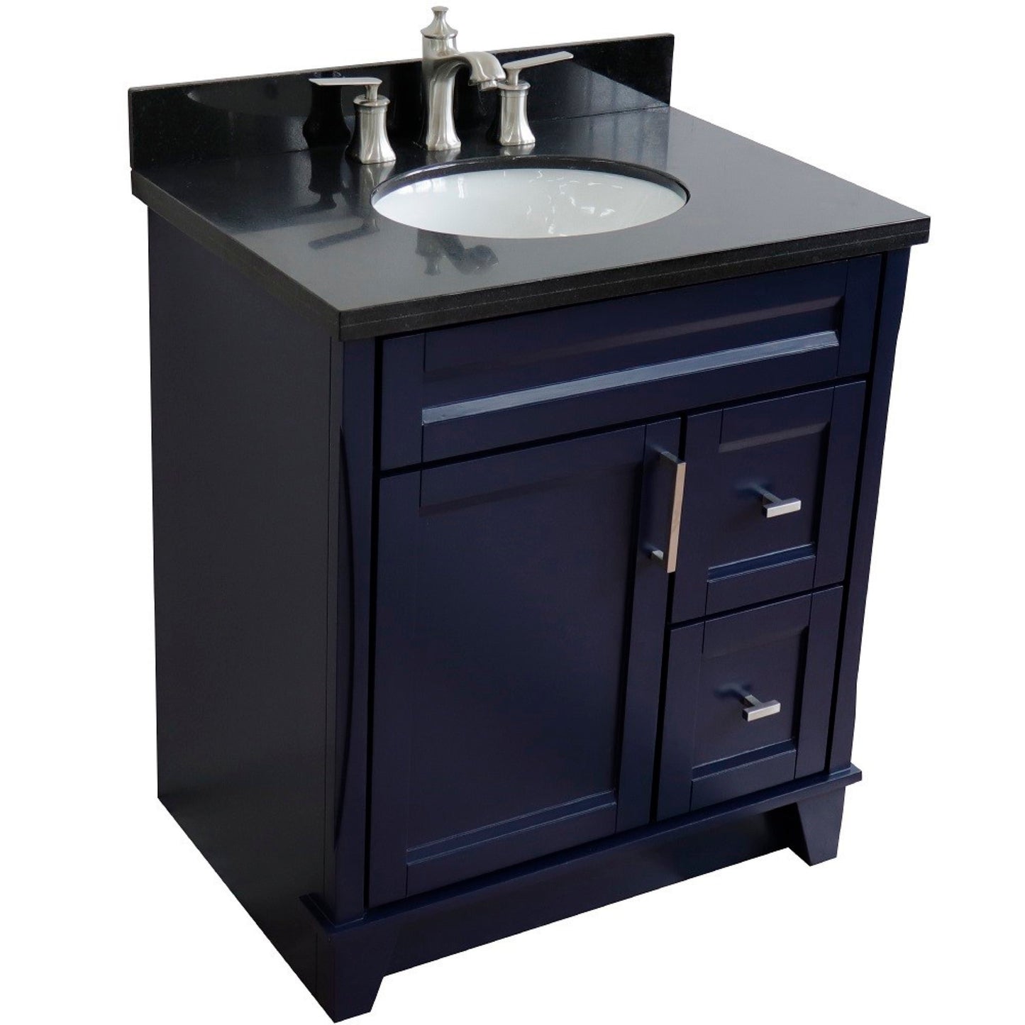 31" Single sink vanity in Blue finish with Black galaxy granite with oval sink