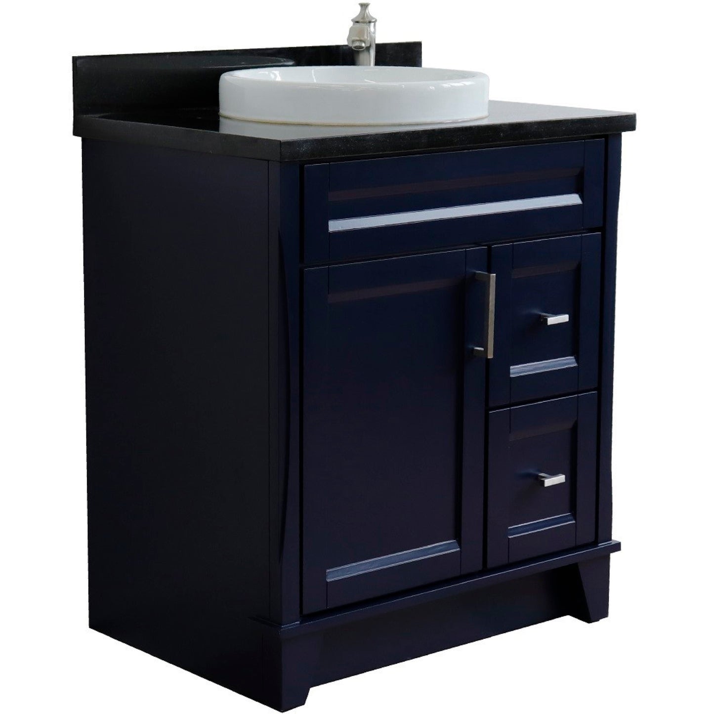 31" Single sink vanity in Blue finish with Black galaxy granite with round sink