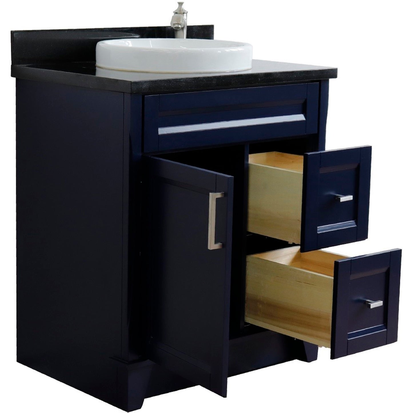 31" Single sink vanity in Blue finish with Black galaxy granite with round sink