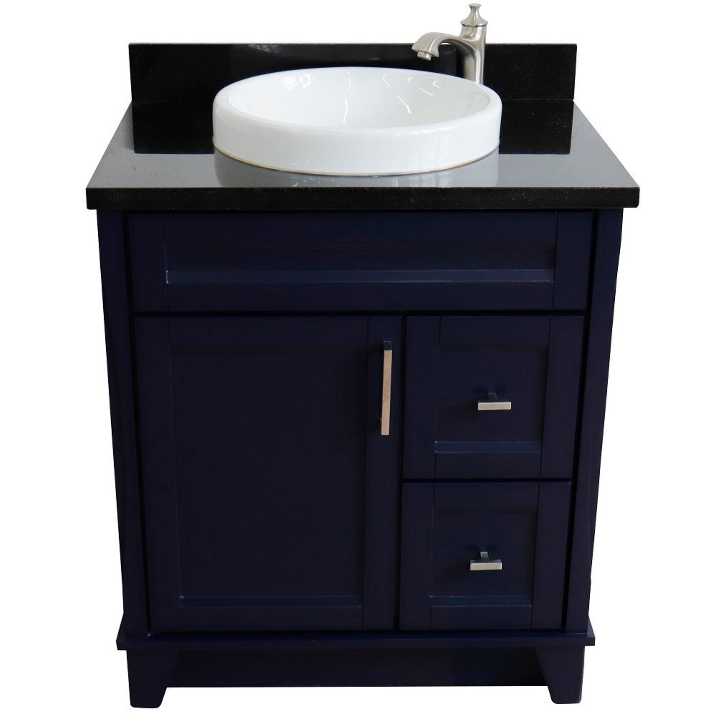 31" Single sink vanity in Blue finish with Black galaxy granite with round sink