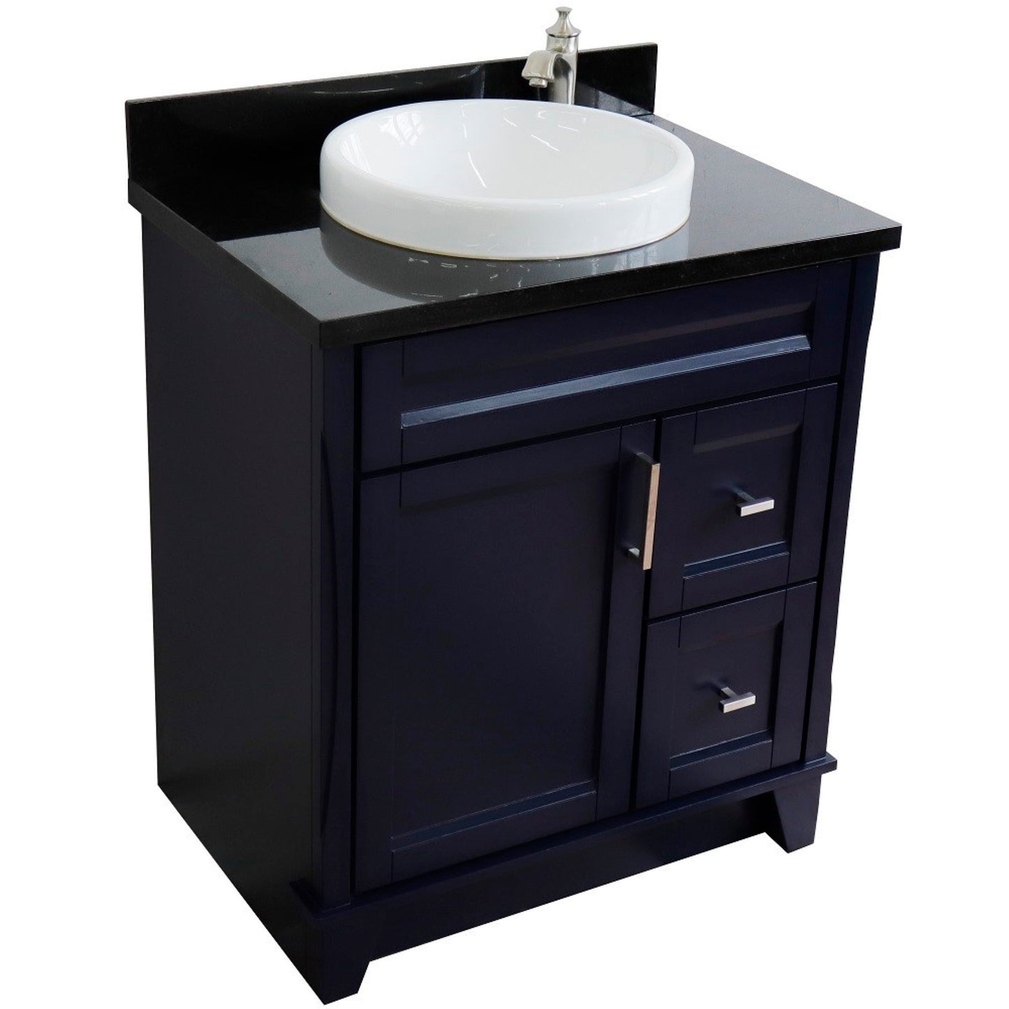 31" Single sink vanity in Blue finish with Black galaxy granite with round sink