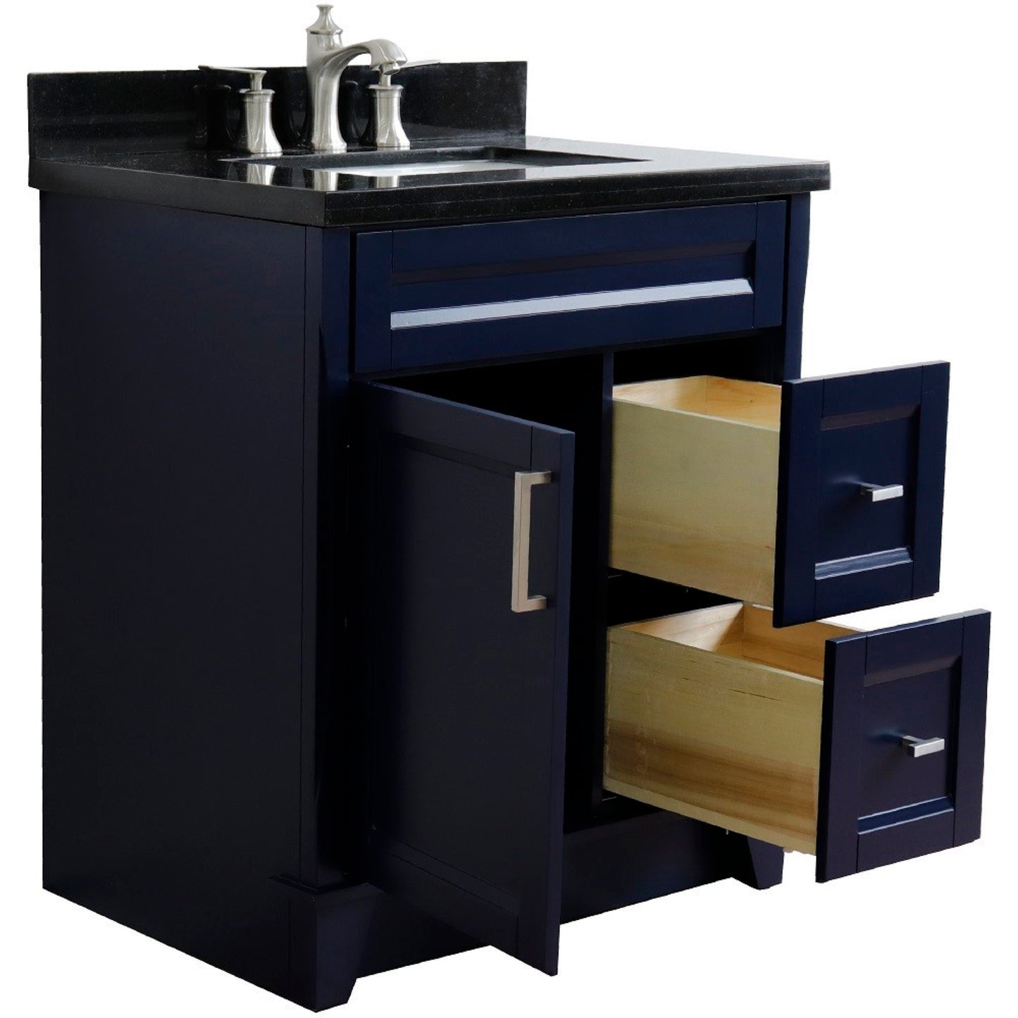 31" Single sink vanity in Blue finish with Black galaxy granite with rectangle sink