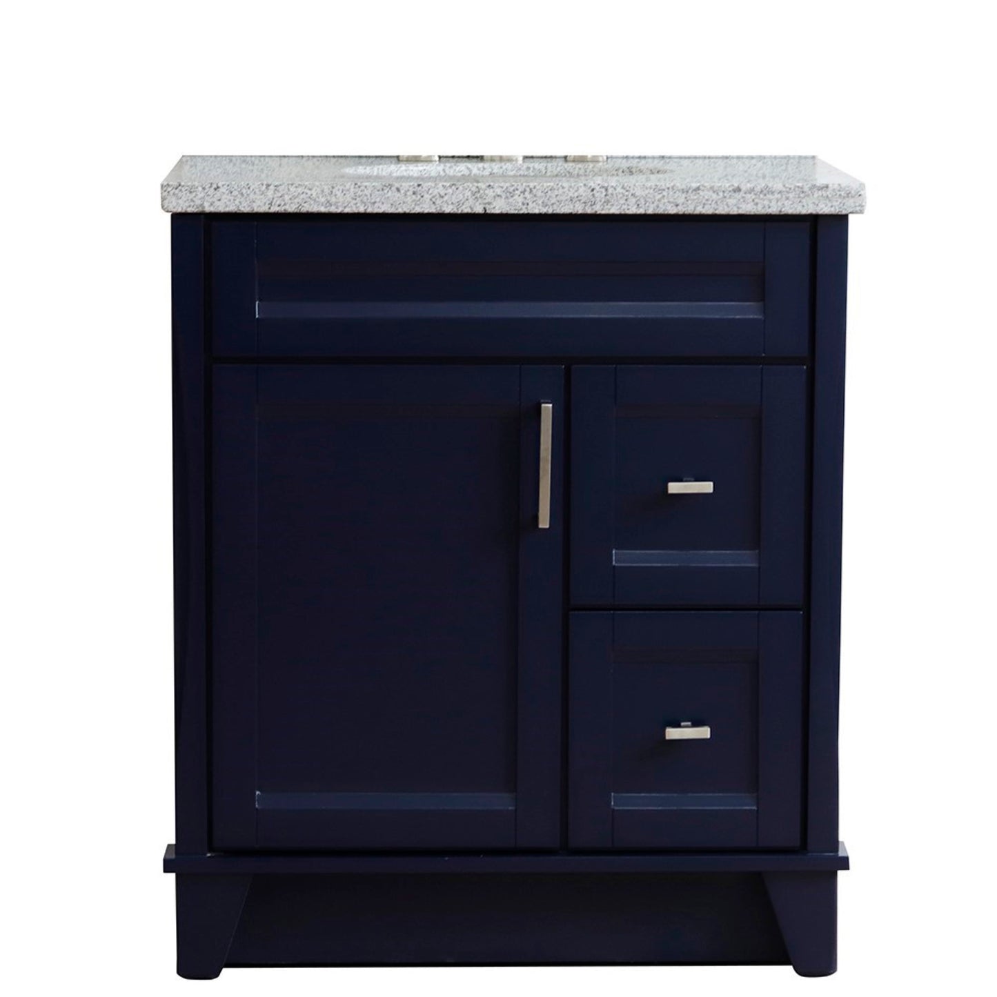 31" Single sink vanity in Blue finish with Gray granite with oval sink