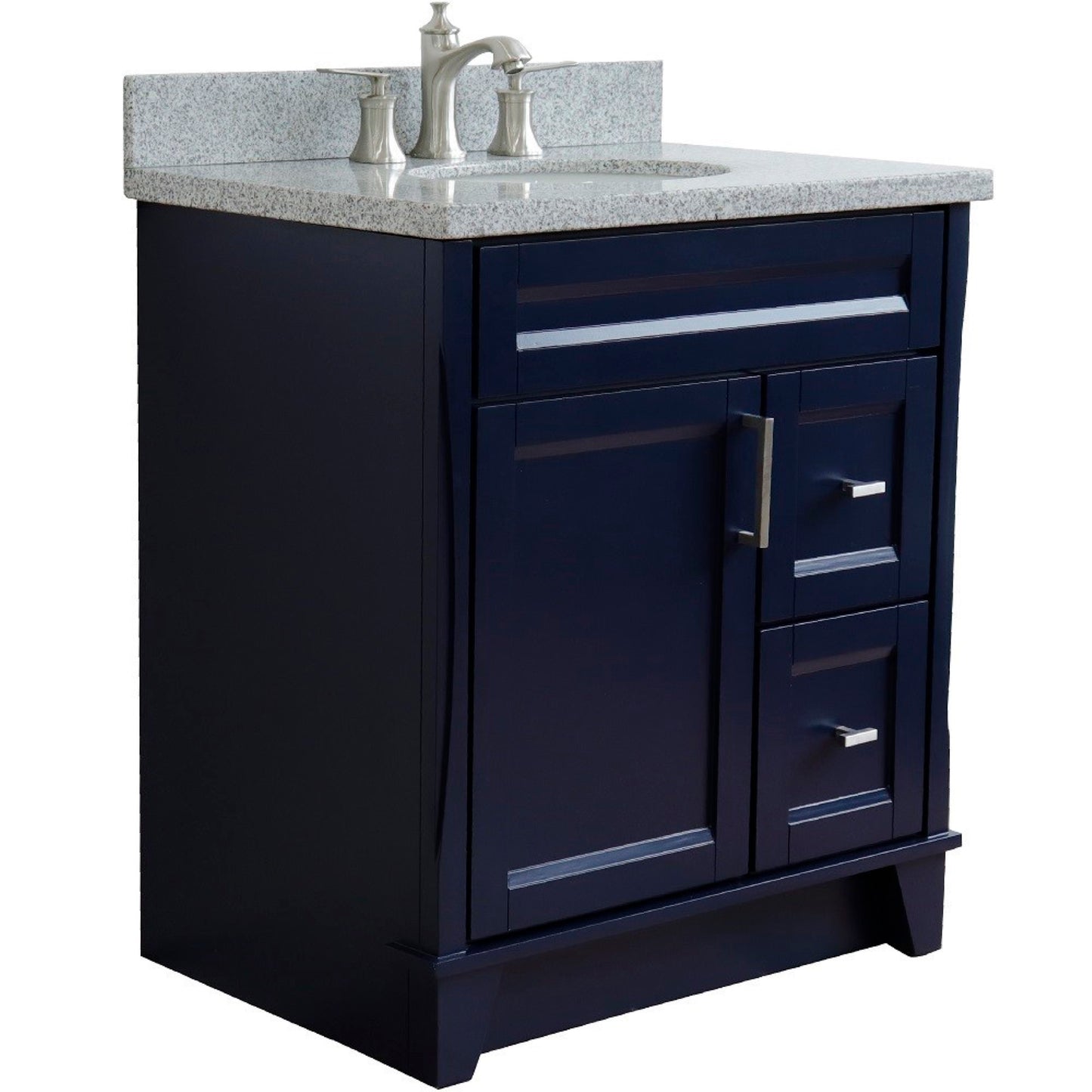 31" Single sink vanity in Blue finish with Gray granite with oval sink