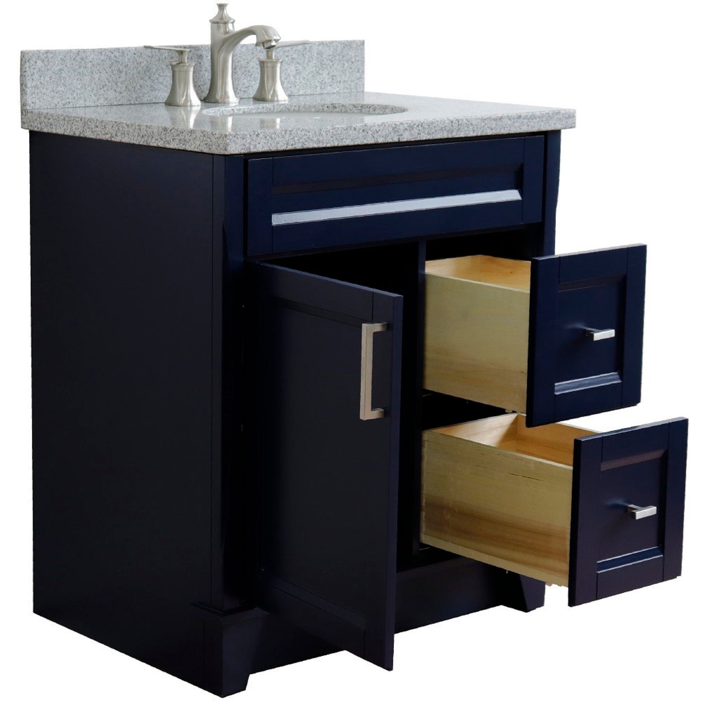 31" Single sink vanity in Blue finish with Gray granite with oval sink
