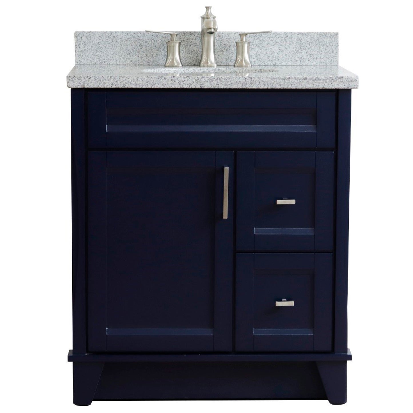 31" Single sink vanity in Blue finish with Gray granite with oval sink