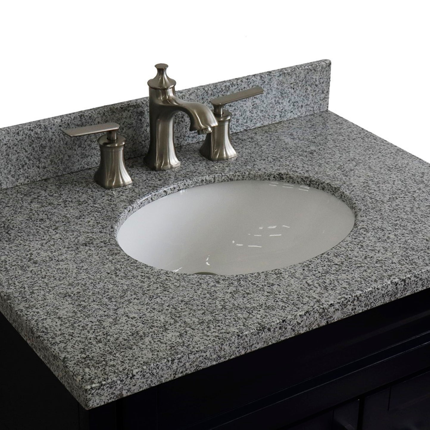 31" Single sink vanity in Blue finish with Gray granite with oval sink