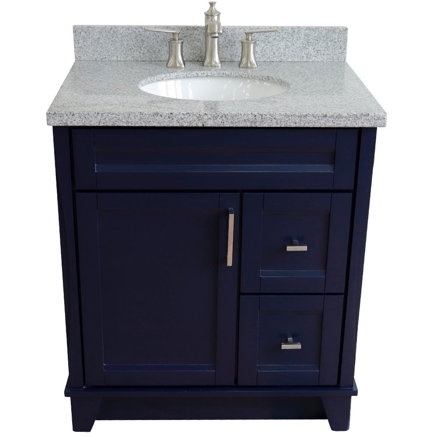 31" Single sink vanity in Blue finish with Gray granite with oval sink