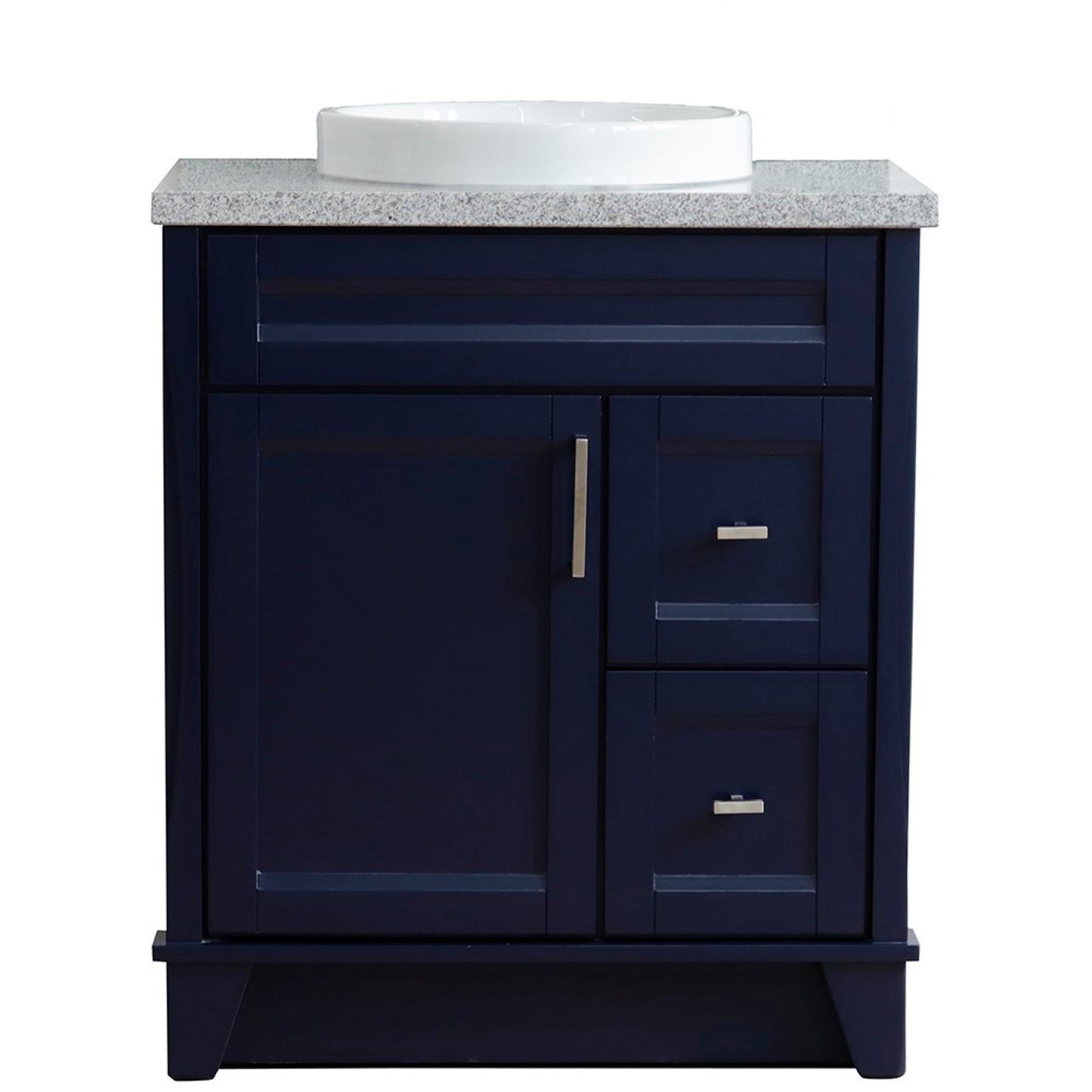 31" Single sink vanity in Blue finish with Gray granite with round sink