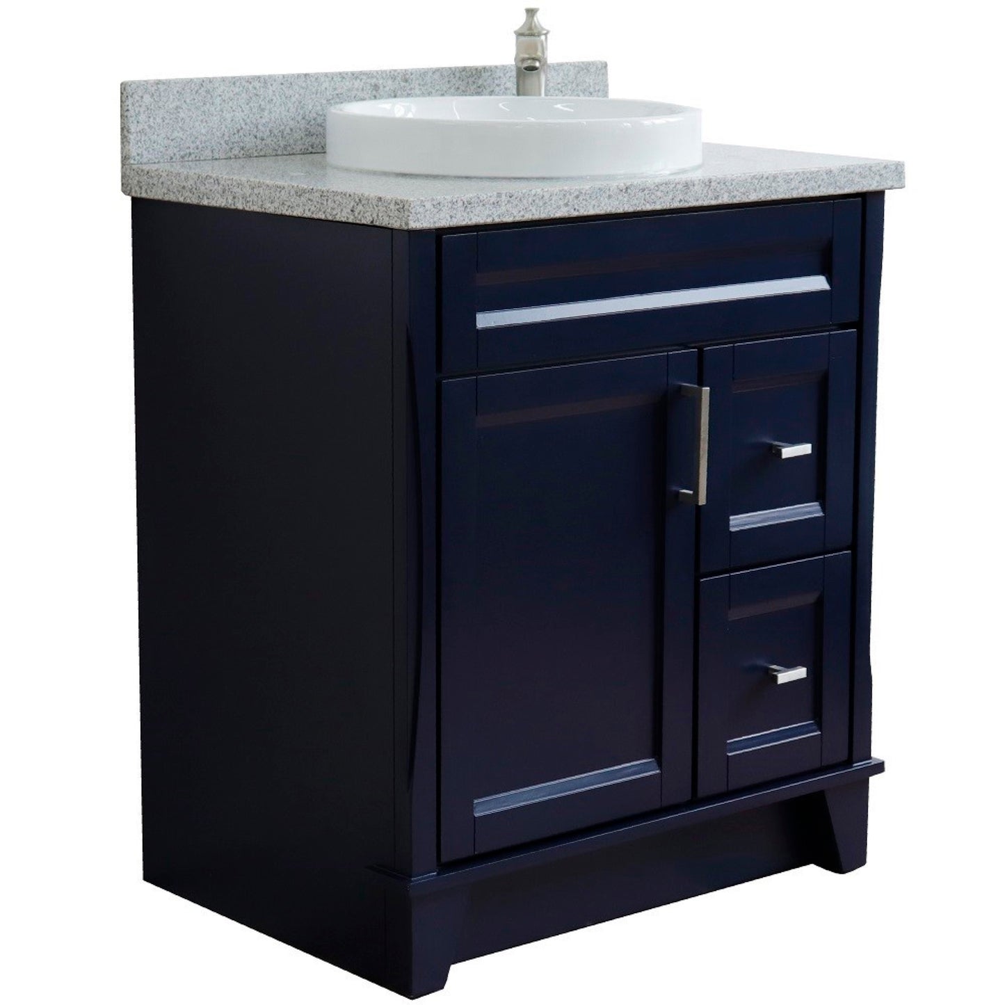 31" Single sink vanity in Blue finish with Gray granite with round sink