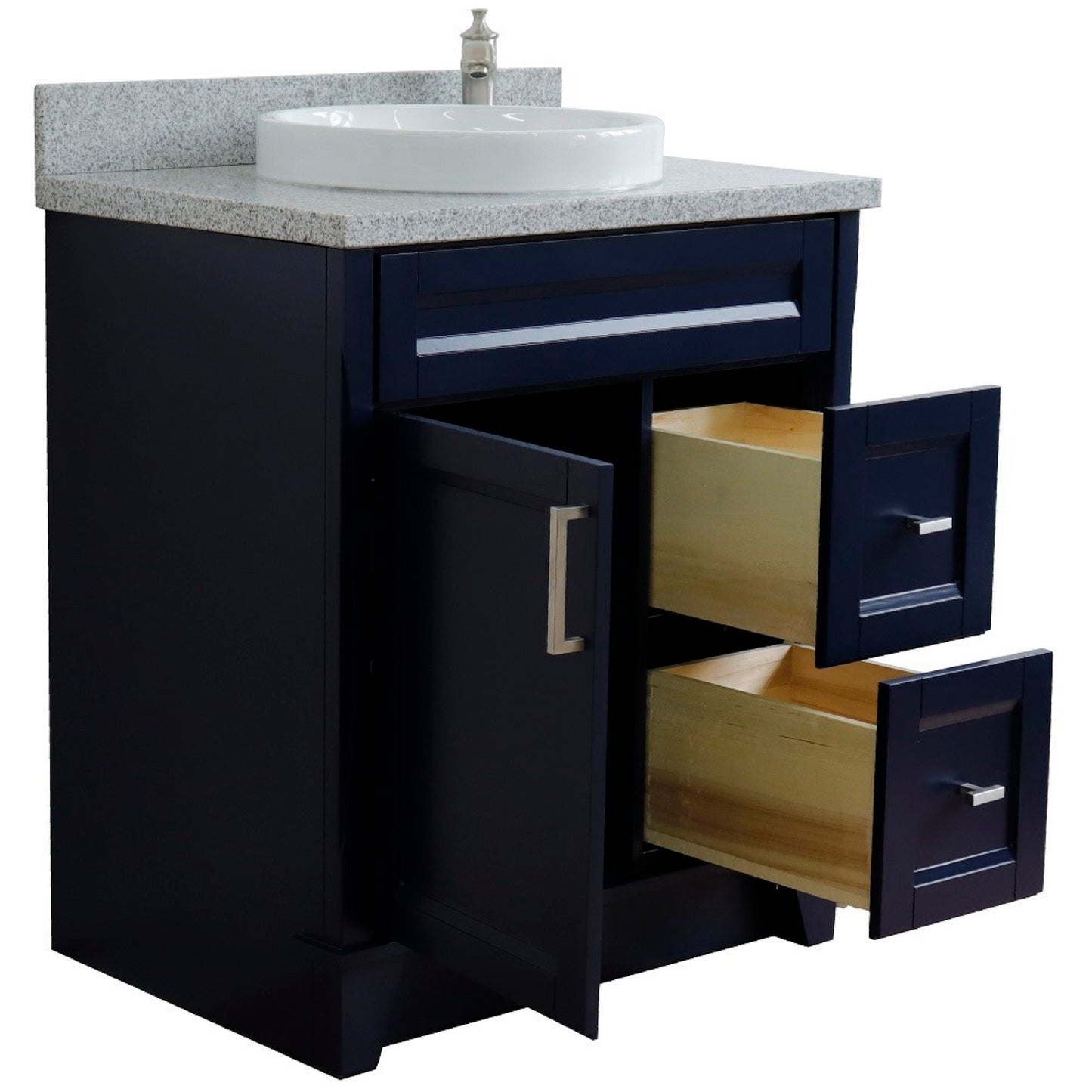 31" Single sink vanity in Blue finish with Gray granite with round sink
