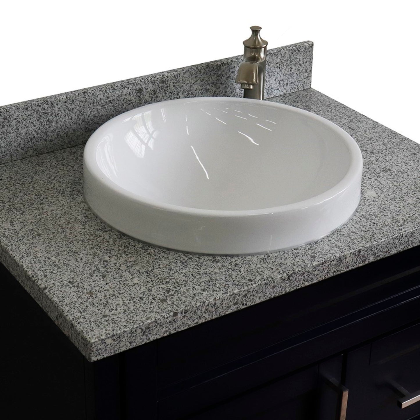 31" Single sink vanity in Blue finish with Gray granite with round sink