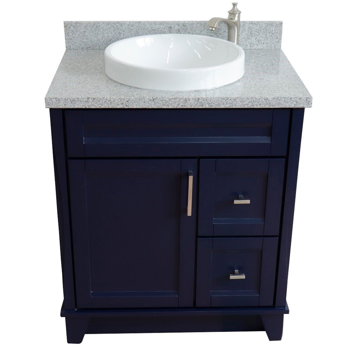 31" Single sink vanity in Blue finish with Gray granite with round sink
