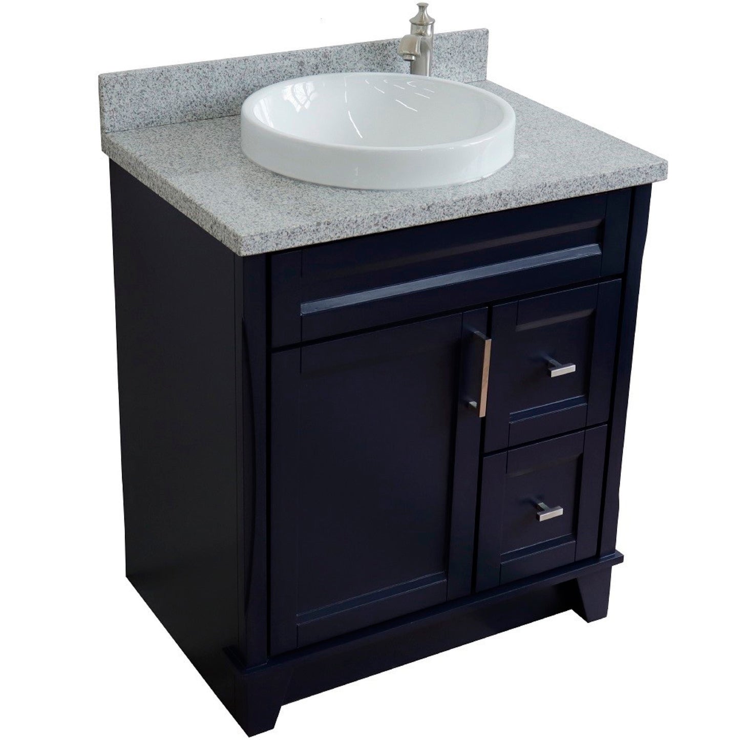 31" Single sink vanity in Blue finish with Gray granite with round sink
