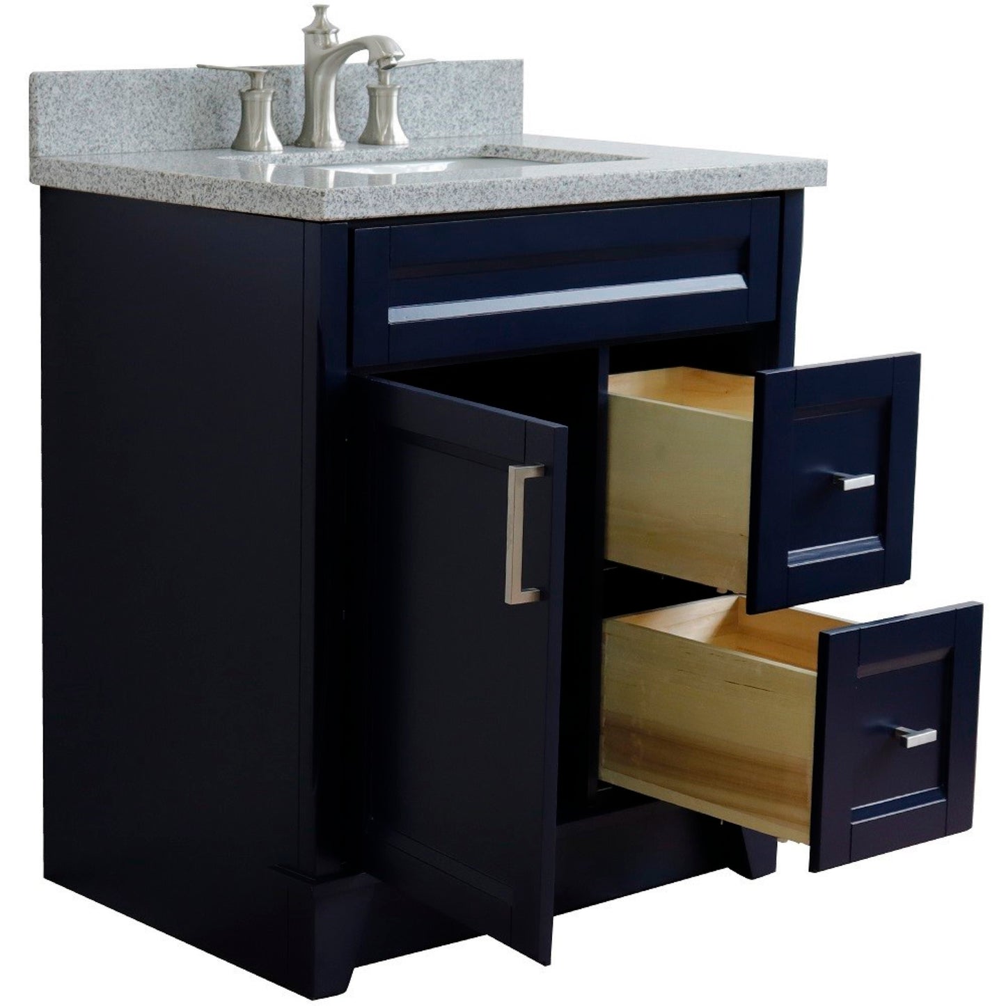 31" Single sink vanity in Blue finish with Gray granite with rectangle sink