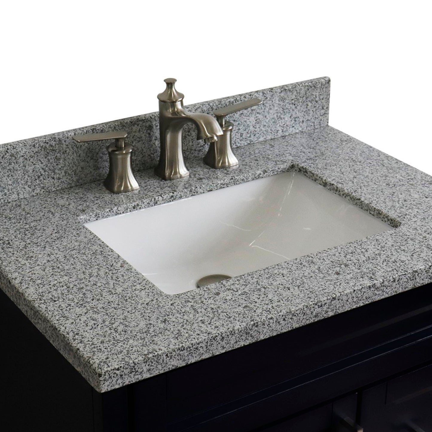 31" Single sink vanity in Blue finish with Gray granite with rectangle sink