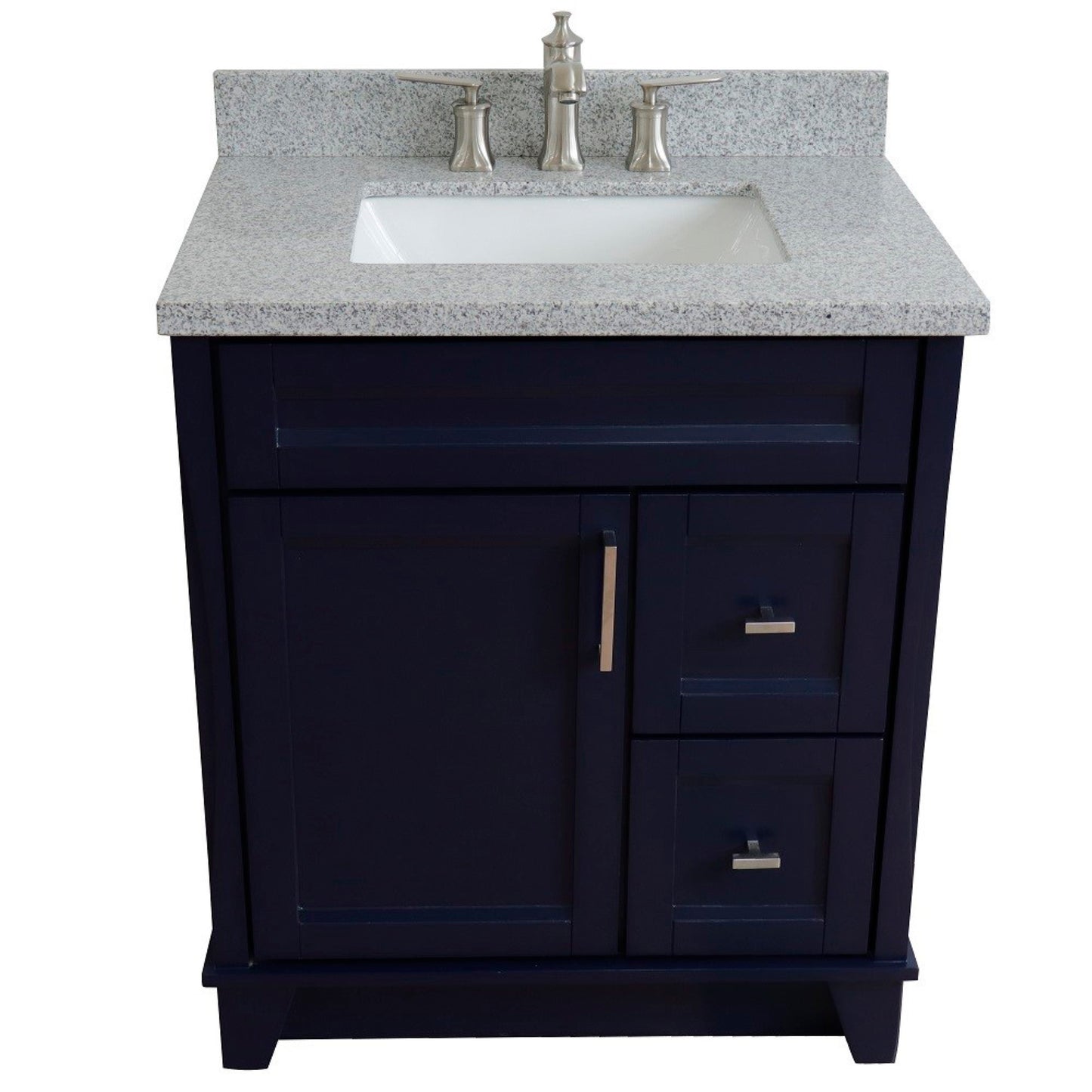 31" Single sink vanity in Blue finish with Gray granite with rectangle sink
