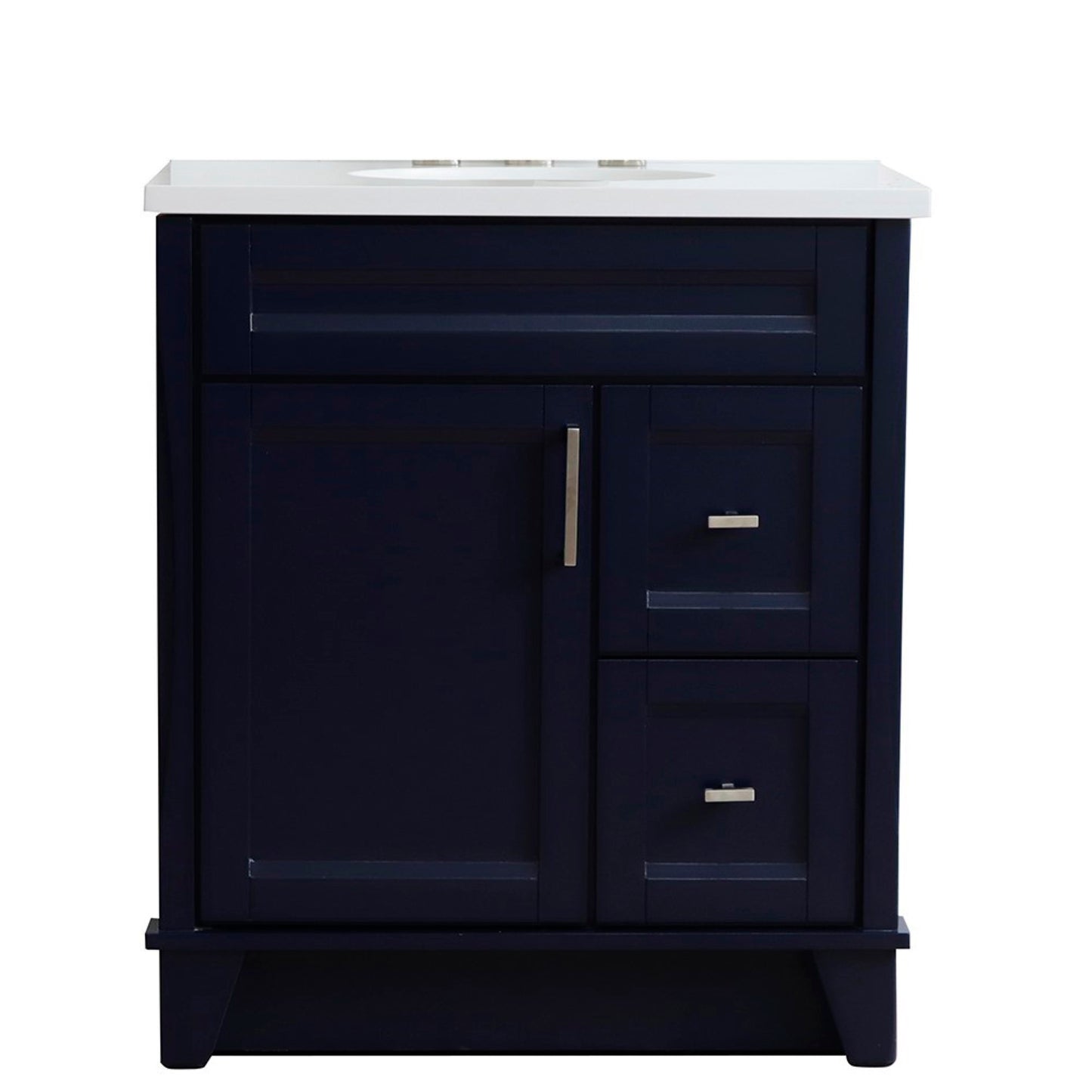 31" Single sink vanity in Blue finish with White engineered stone with oval sink