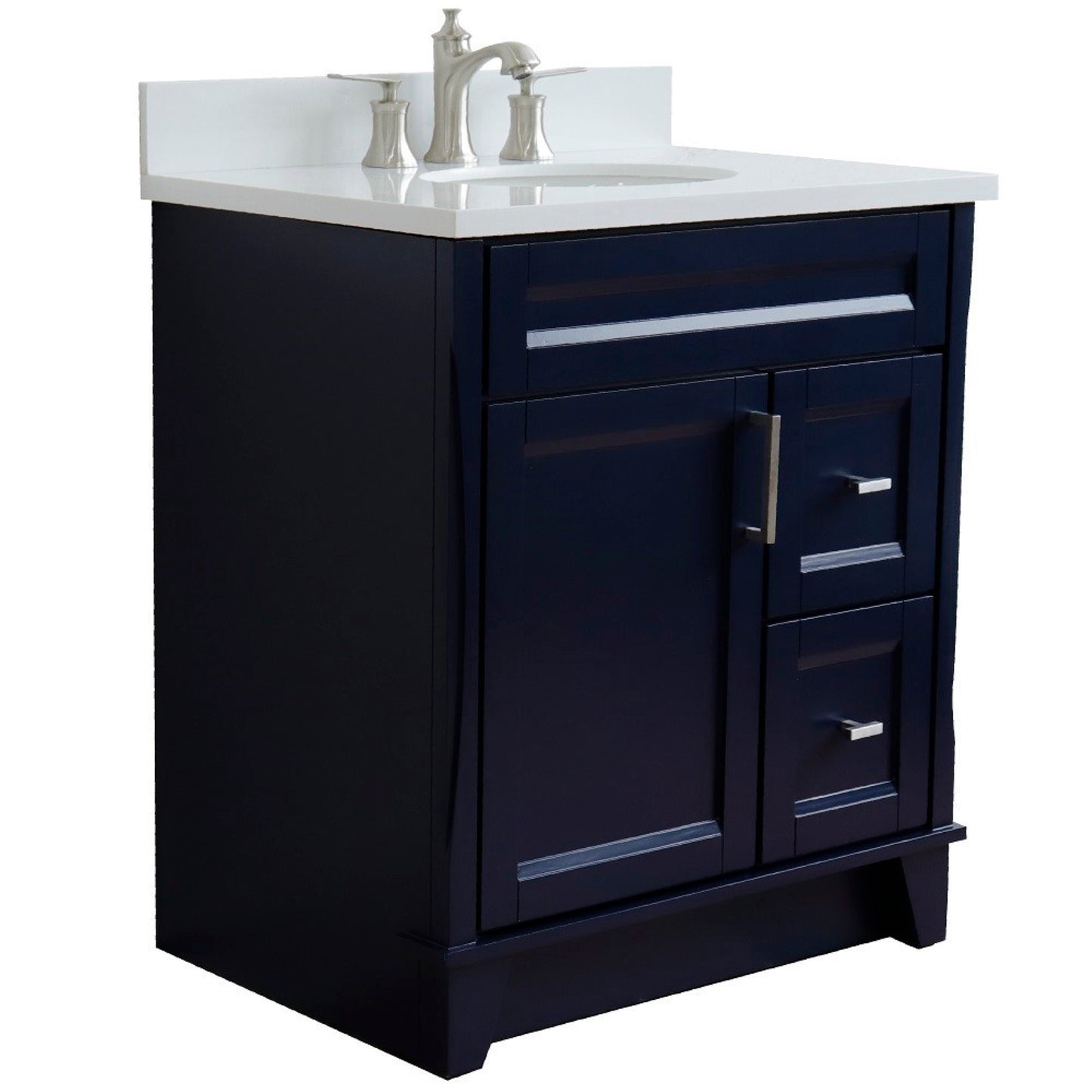 31" Single sink vanity in Blue finish with White engineered stone with oval sink