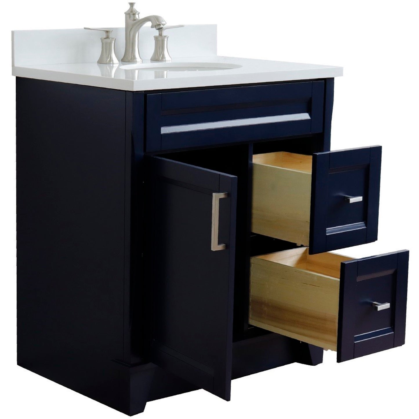 31" Single sink vanity in Blue finish with White engineered stone with oval sink