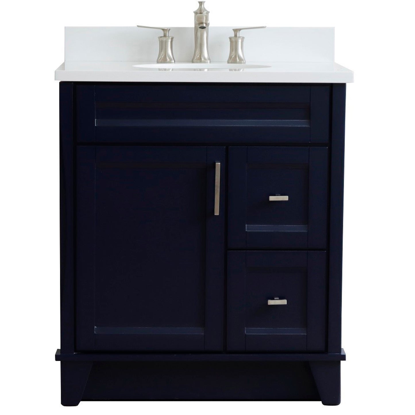 31" Single sink vanity in Blue finish with White engineered stone with oval sink
