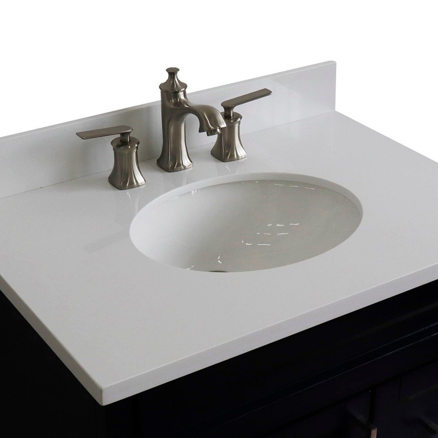 31" Single sink vanity in Blue finish with White engineered stone with oval sink