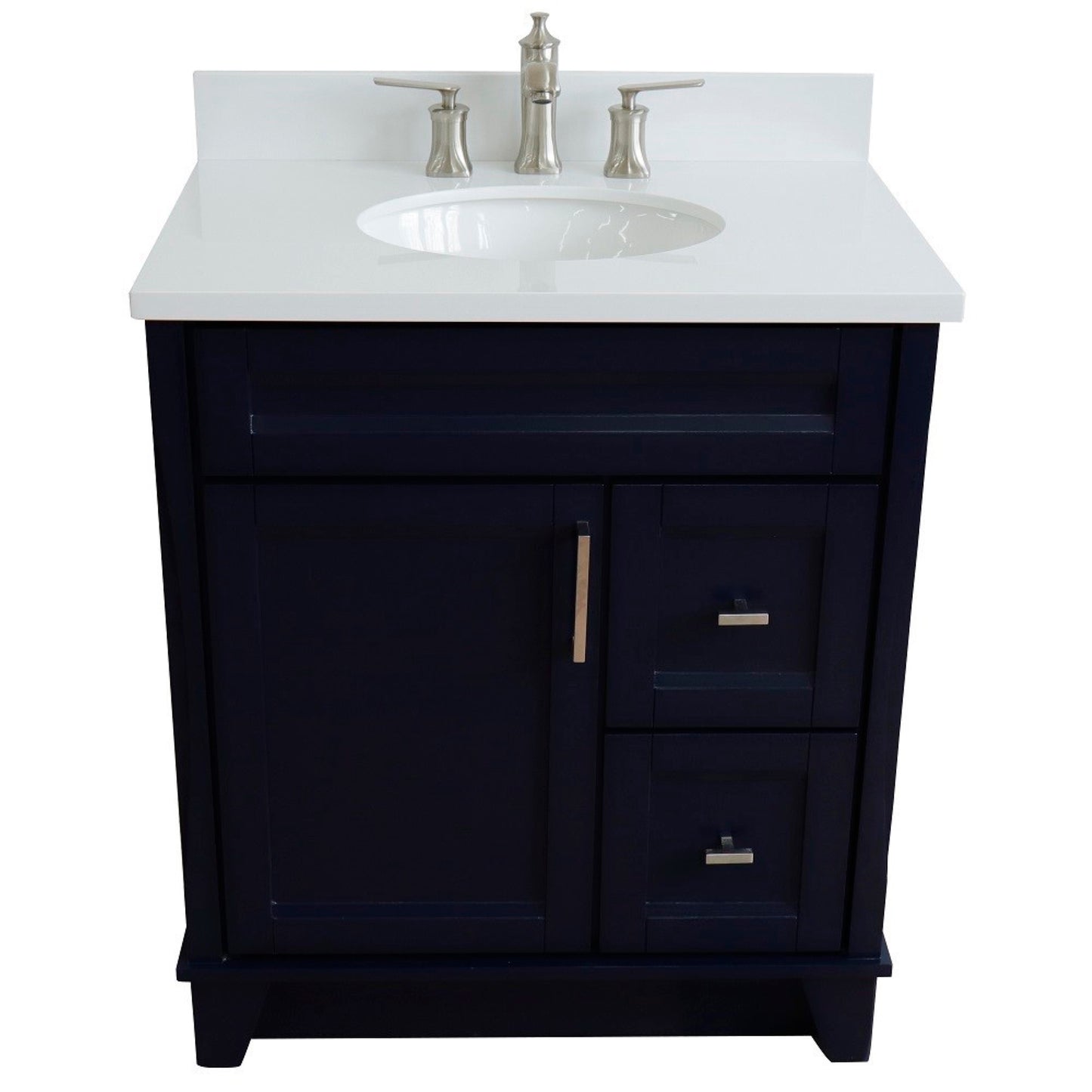 31" Single sink vanity in Blue finish with White engineered stone with oval sink