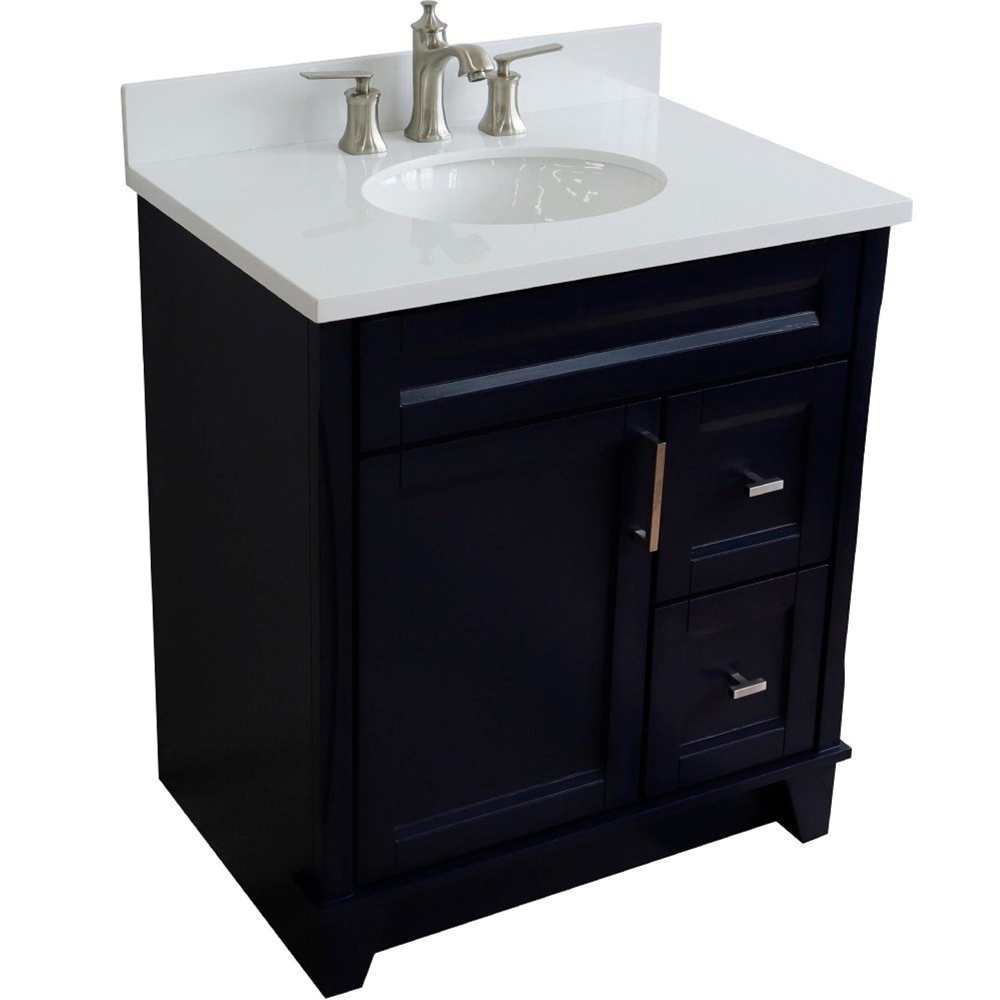 31" Single sink vanity in Blue finish with White engineered stone with oval sink
