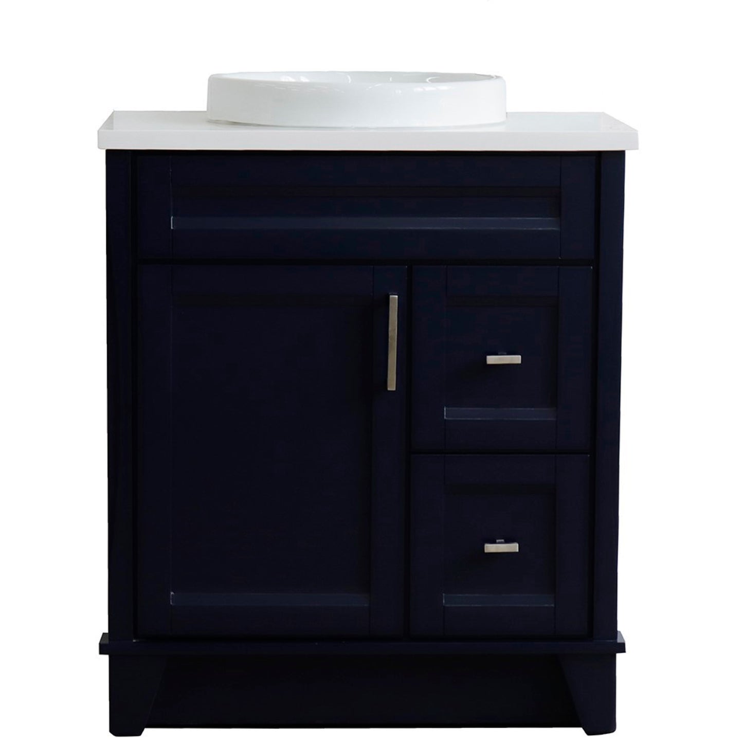 31" Single sink vanity in Blue finish with White engineered stone with round sink