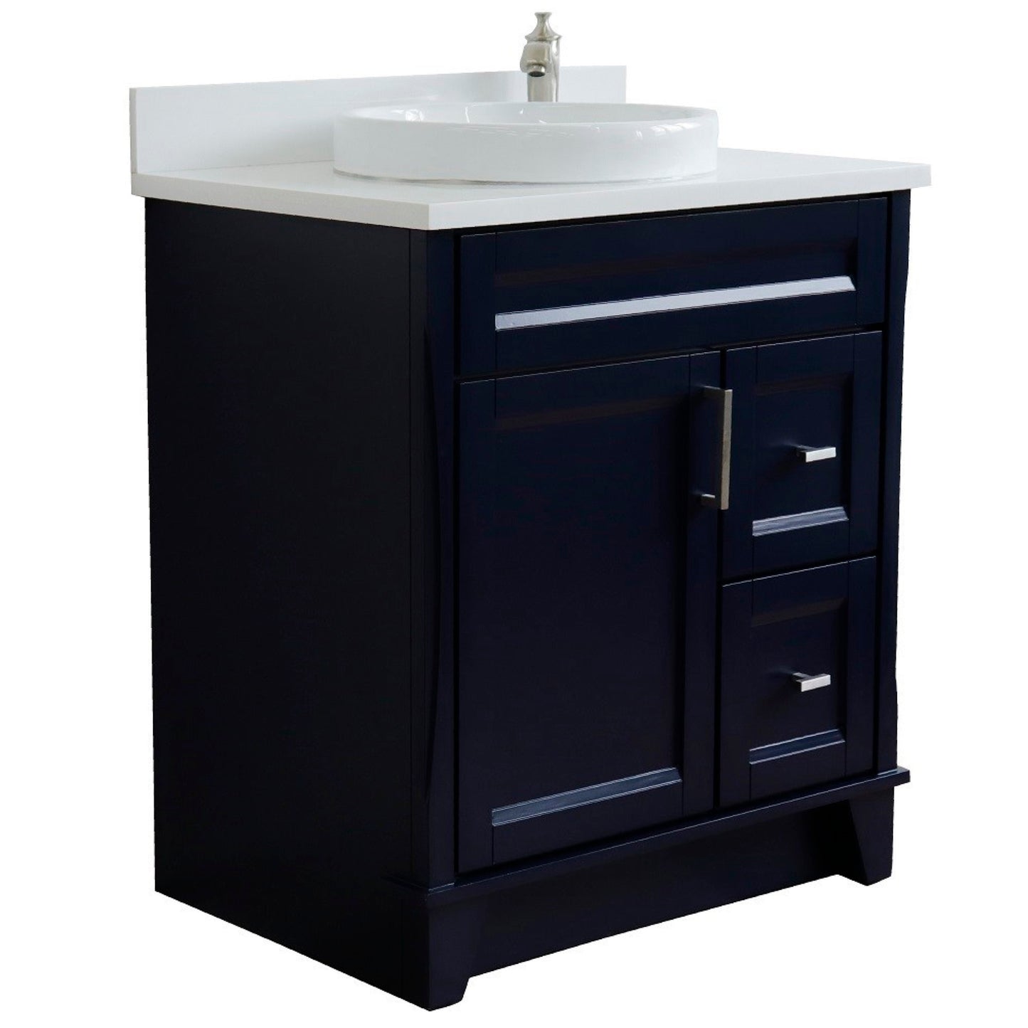 31" Single sink vanity in Blue finish with White engineered stone with round sink