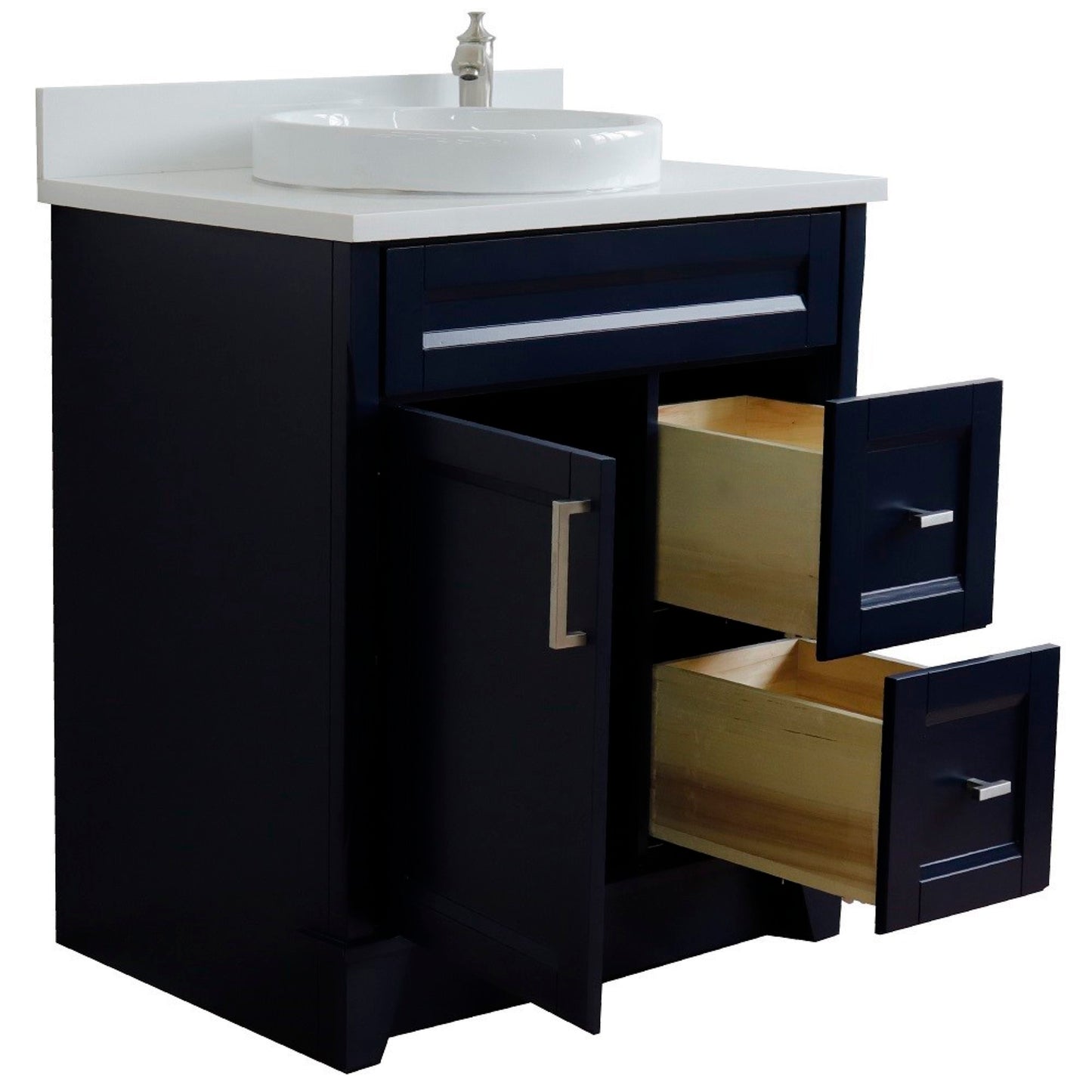 31" Single sink vanity in Blue finish with White engineered stone with round sink