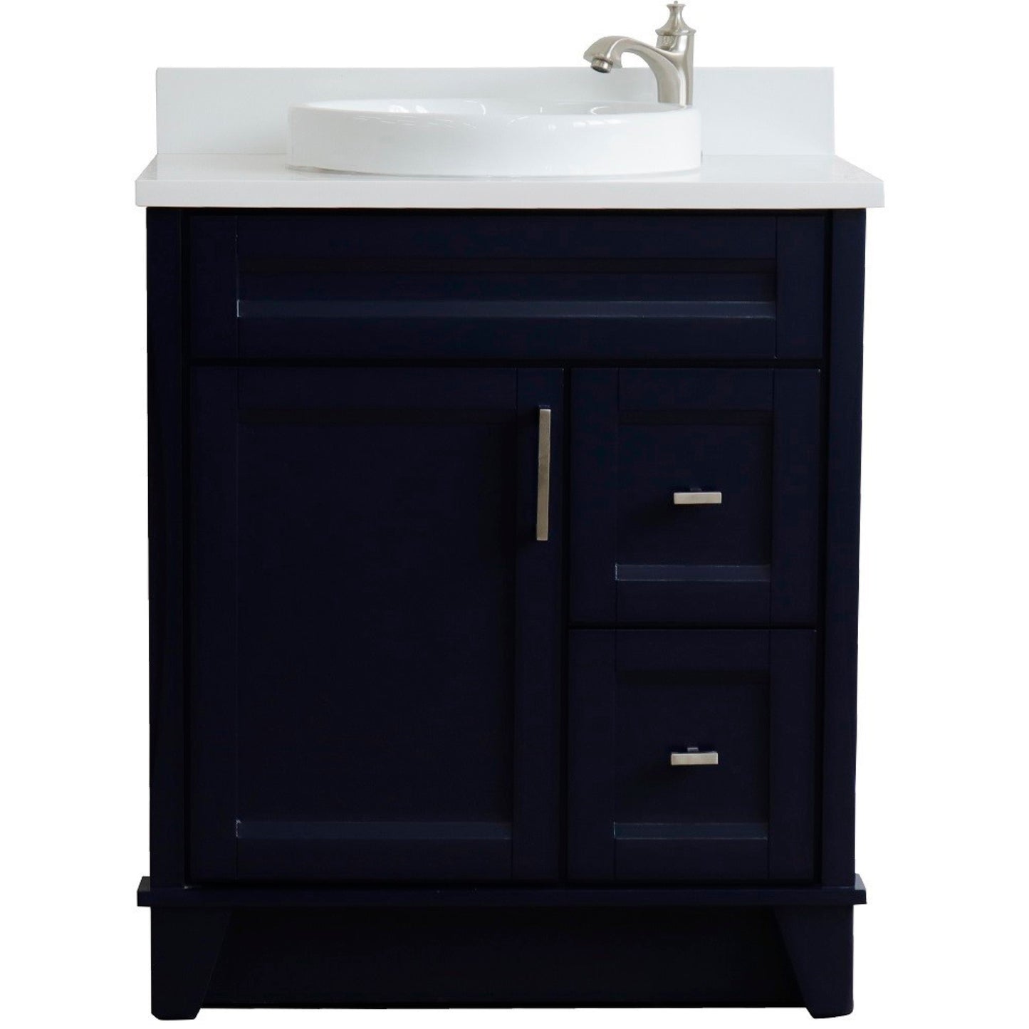 31" Single sink vanity in Blue finish with White engineered stone with round sink